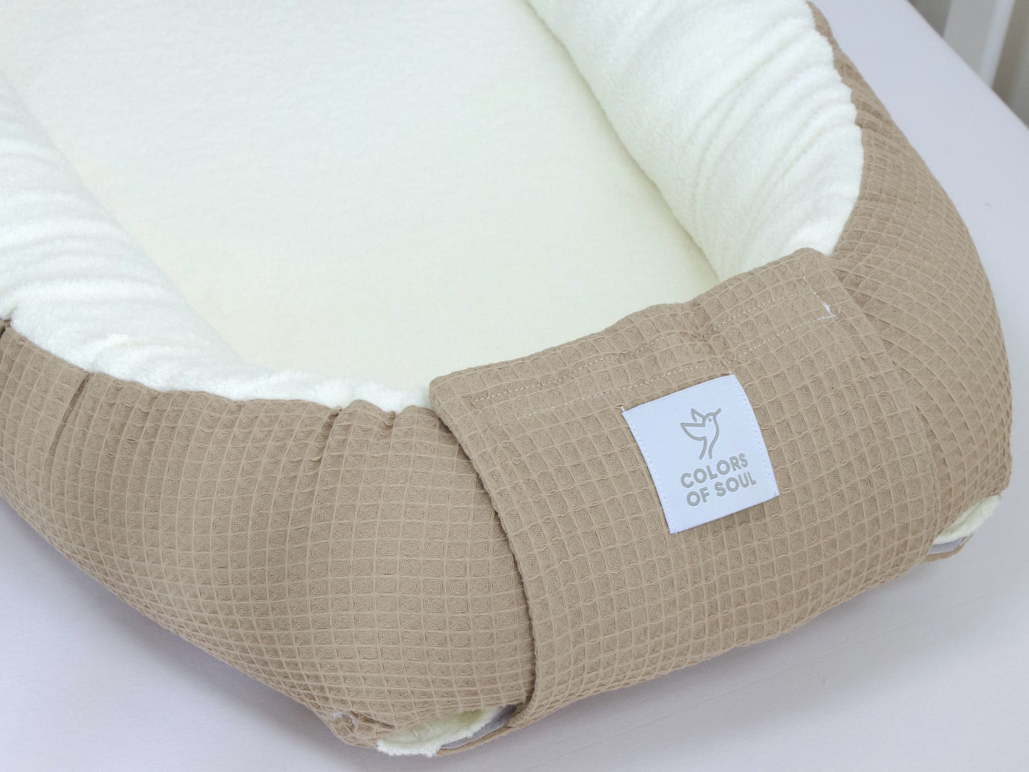 3-er SET - Wickelauflage mit Inlett, Babynest, Bettrolle - Waffel dunkelbeige/ Baumwollfleece creme