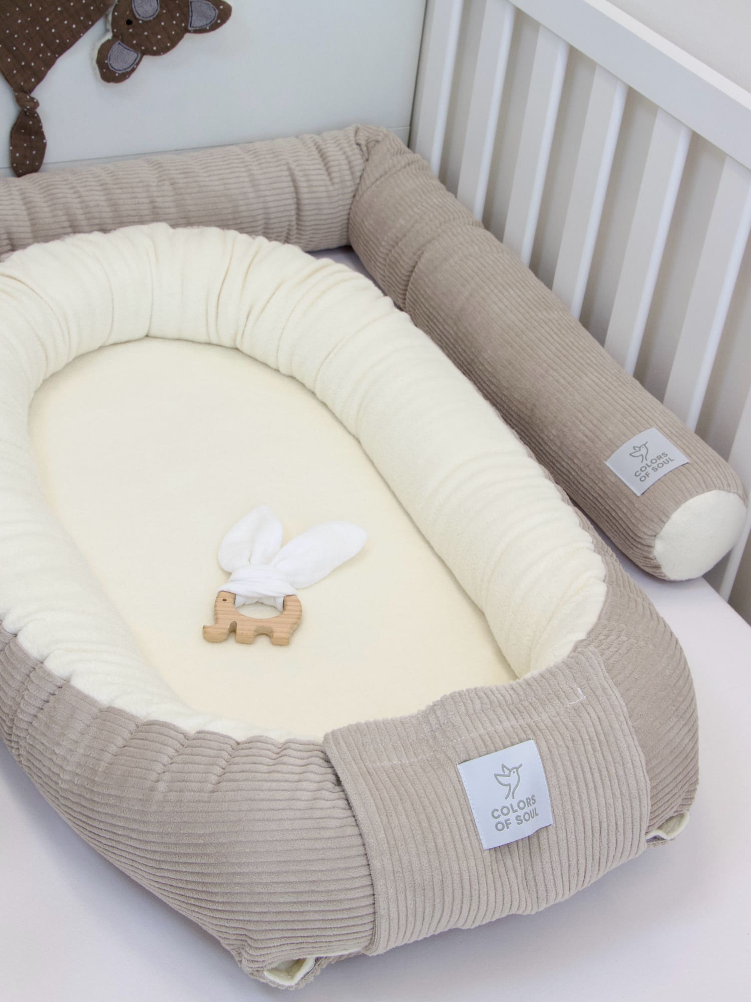 2-er SET - 3-teiliges Babynestchen, Bettschlange - Cord hellbeige / Baumwollfleece creme