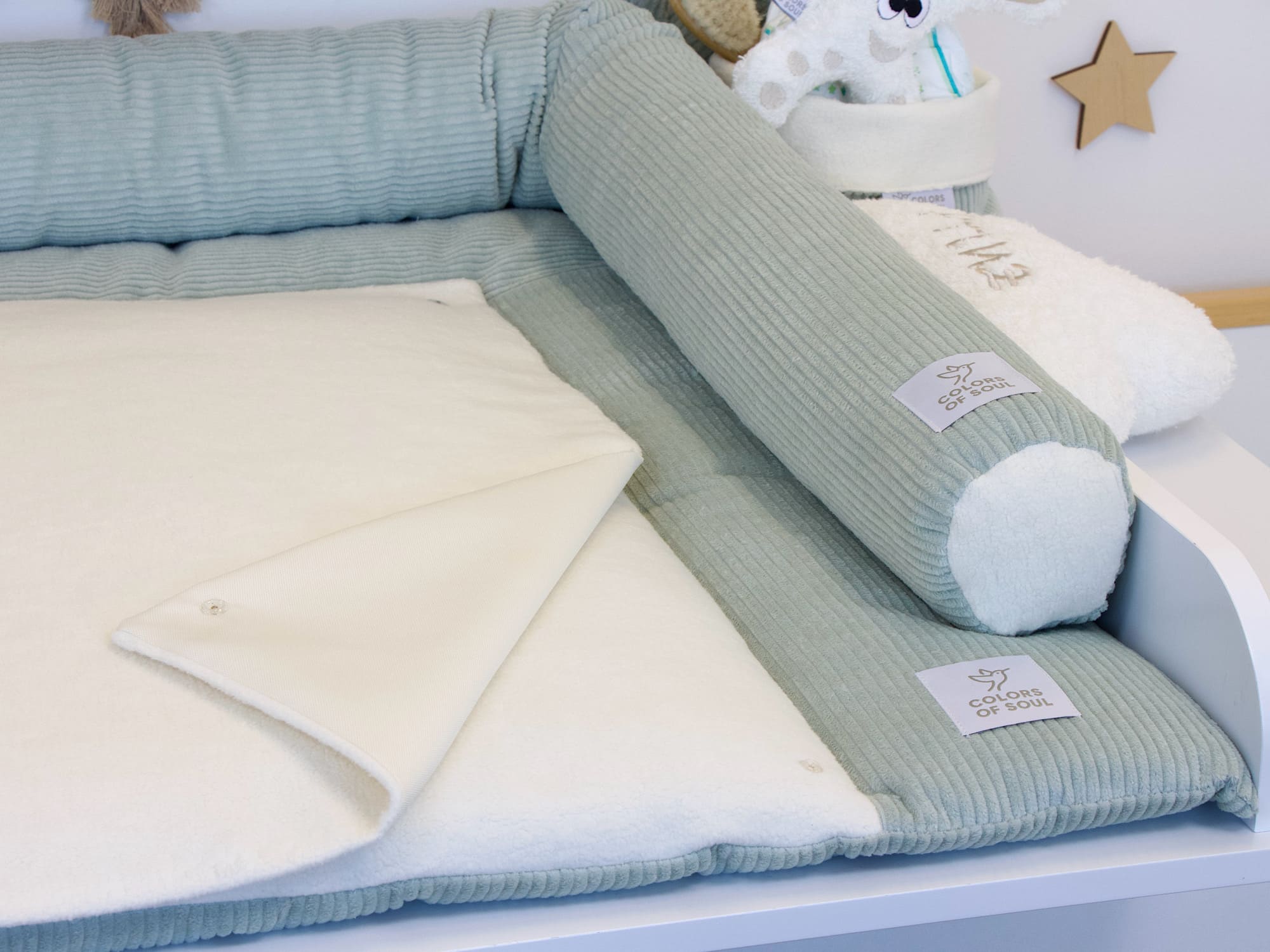 Wickelauflage Set mit Bettschlange - Cord mint / Baumwollfleece creme