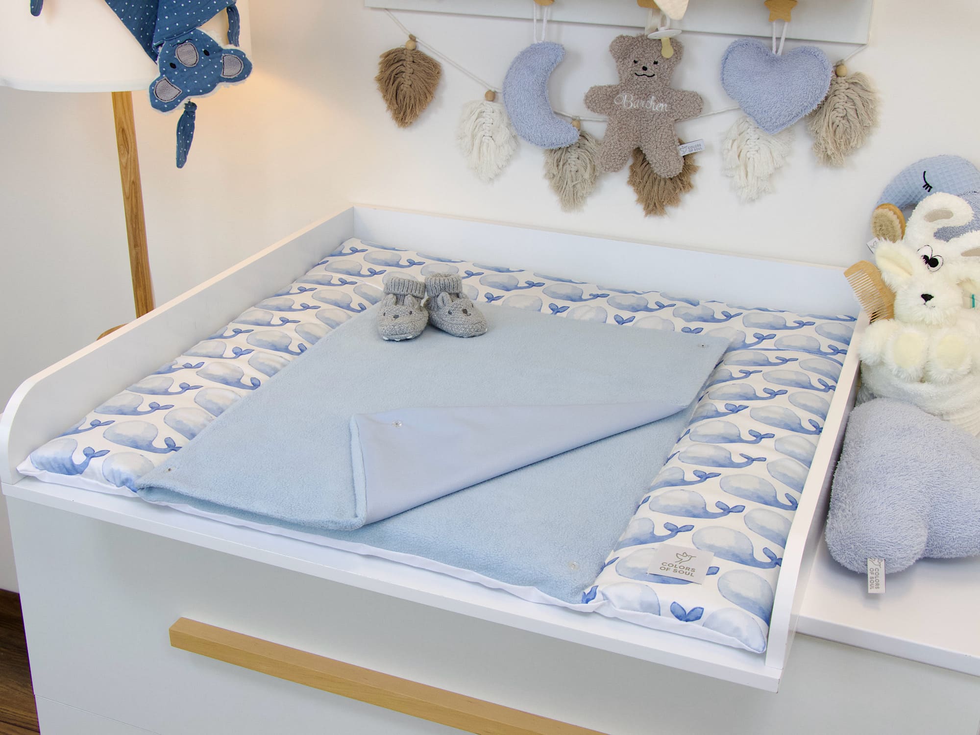 Wickelauflage - blaue Wale Aquarell / Baumwollfleece blau