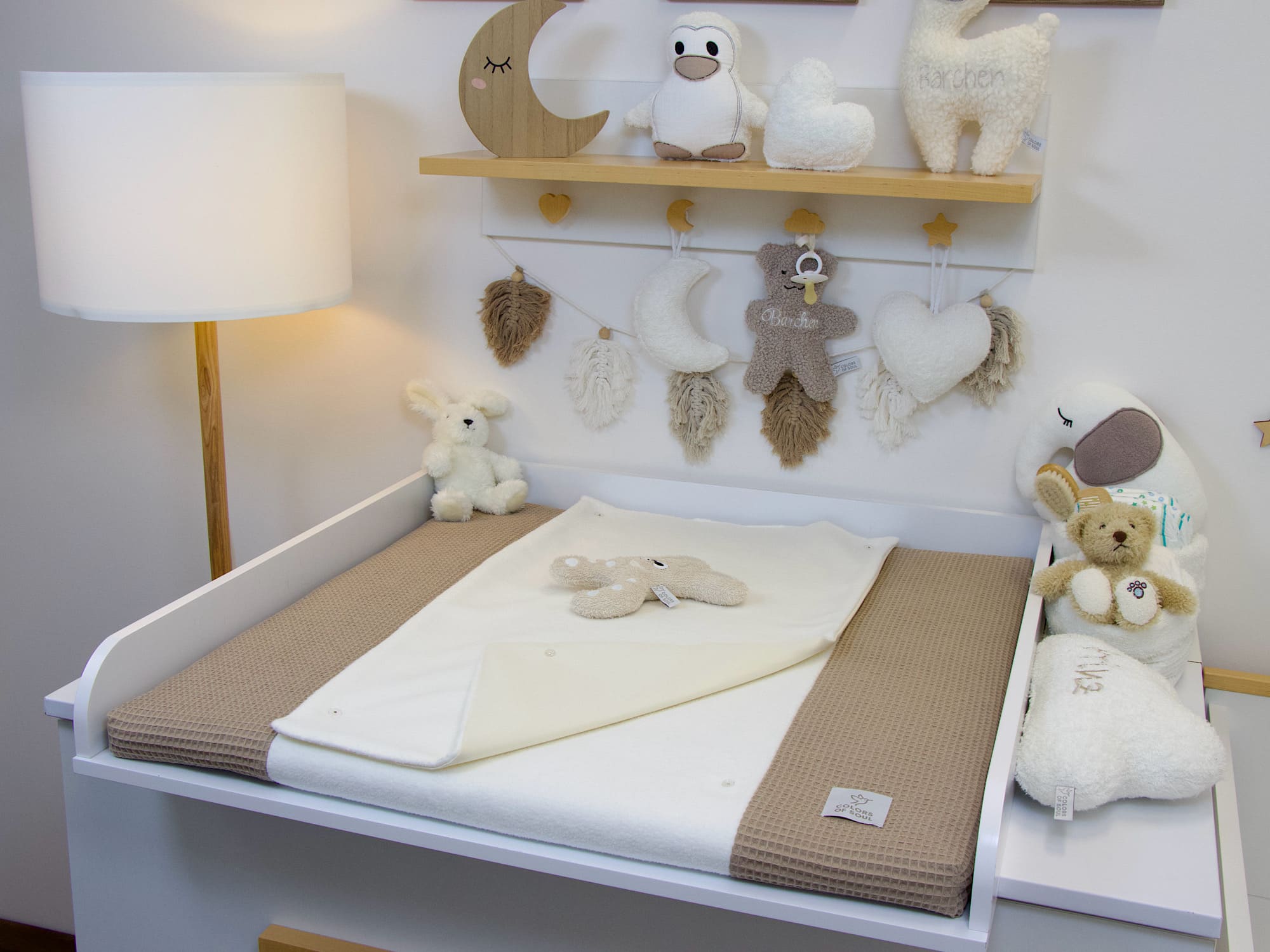 2-er SET - Wickelauflage mit Inlett, Bettschlange - Waffelpique dunkelbeige / Baumwollfleece creme