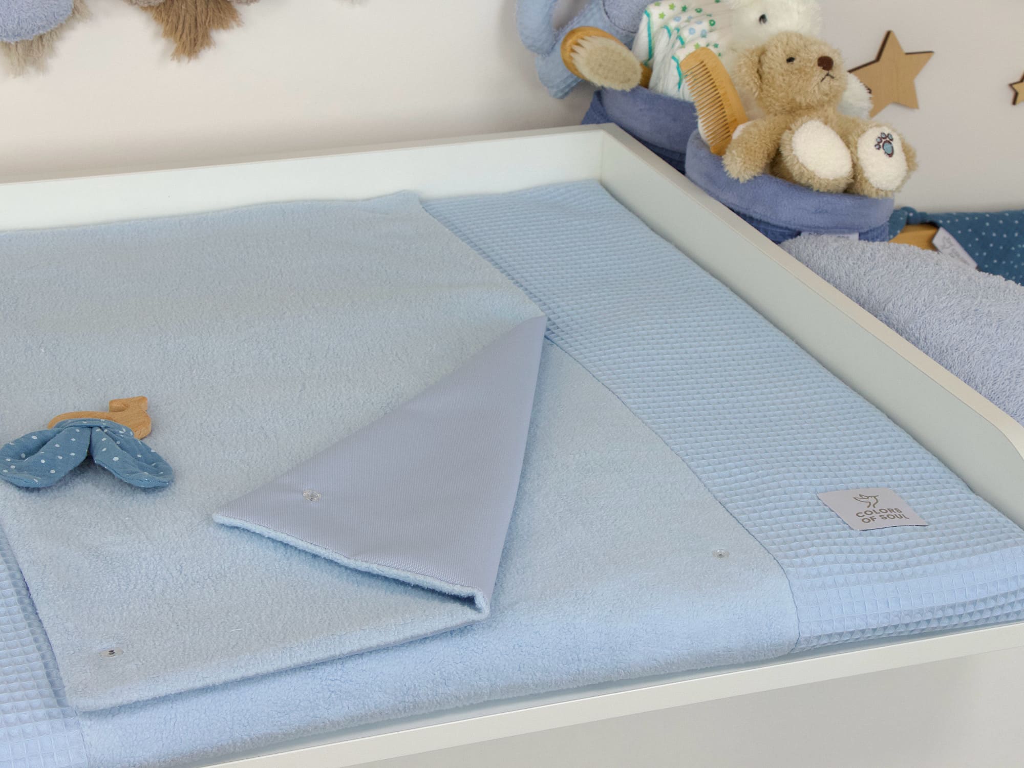 Wickelauflage mit Inlett - Waffelpique babyblau/ Baumwollfleece blau