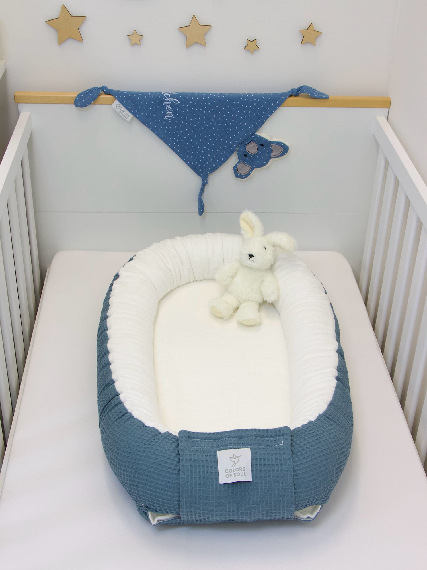 3-er SET - Wickelauflage mit Inlett, Babynest, Bettrolle - Waffel stahlblau / Baumwollfleece creme
