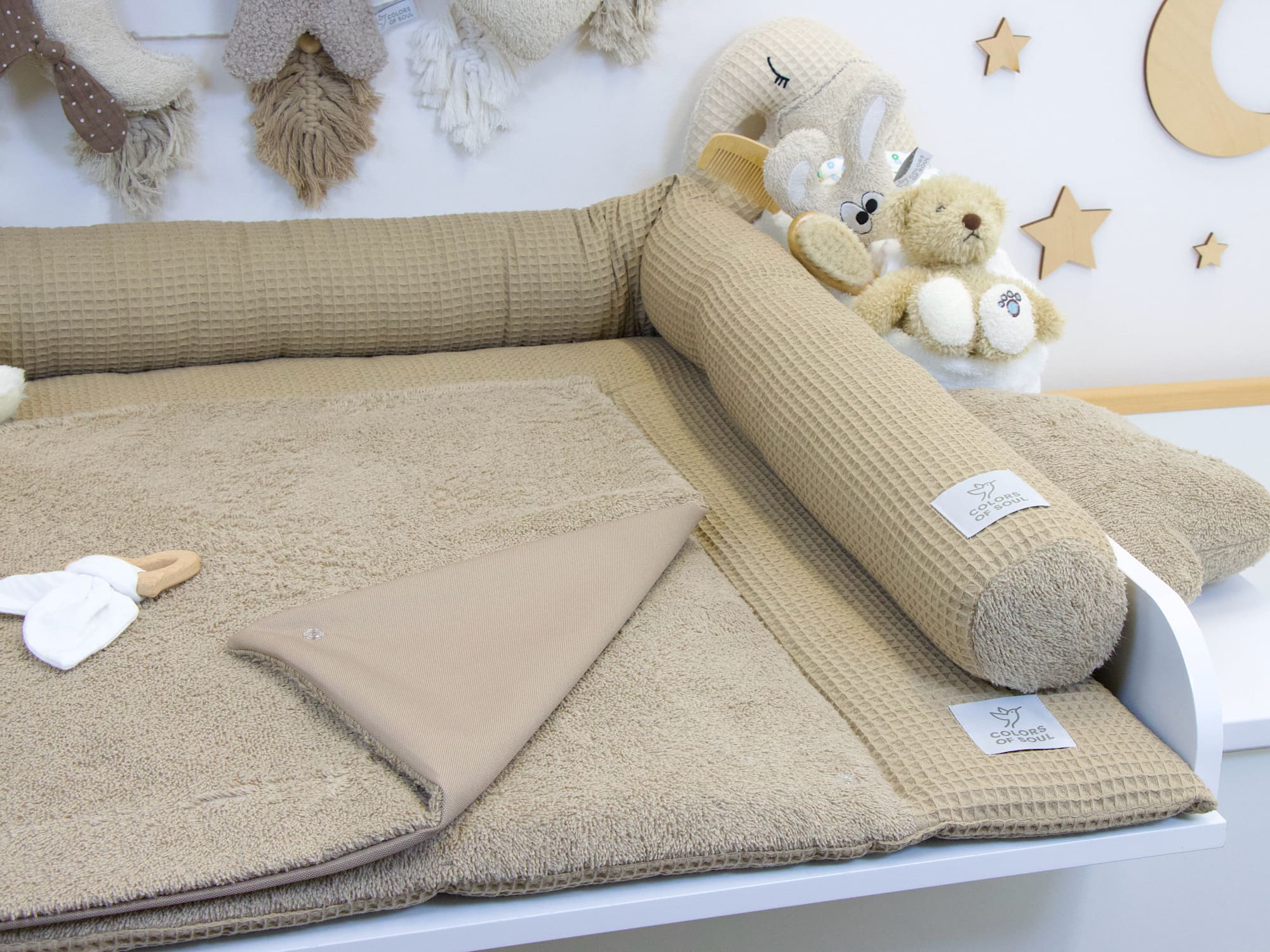 2-er SET - Wickelauflage, Bettschlange - Waffelpique dunkelbeige / Frottee dunkelbeige