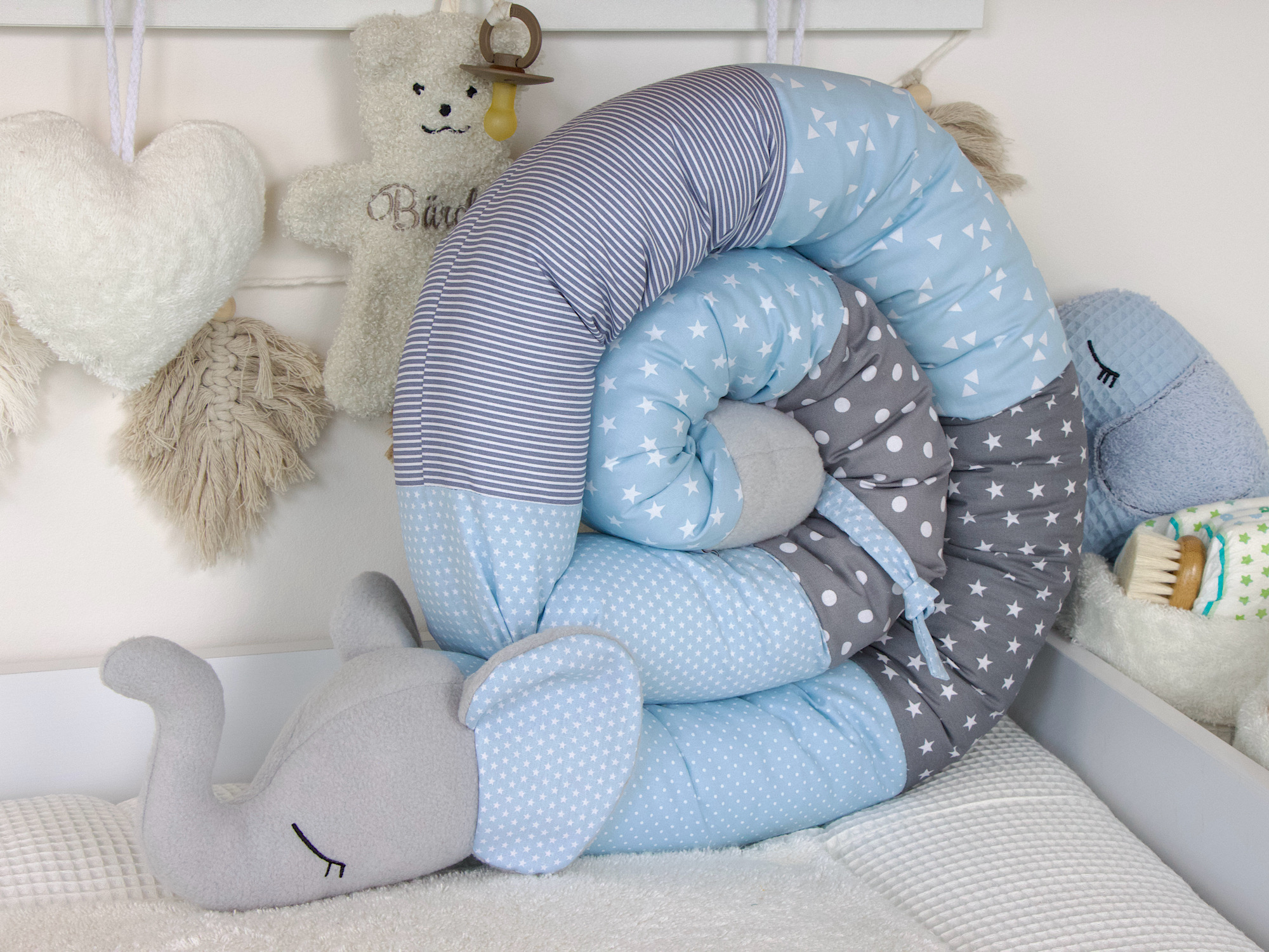 Bettschlange Elefant grau/hellblau
