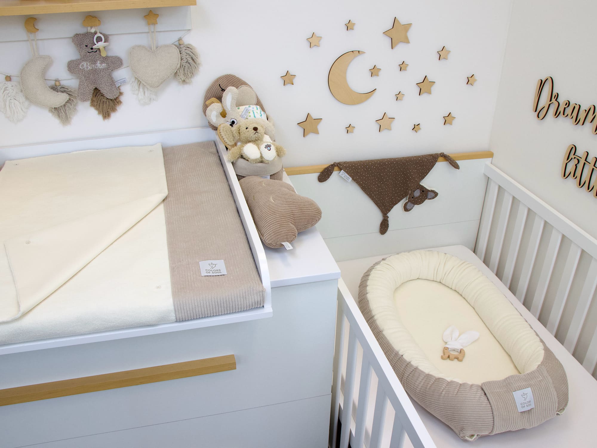3-er SET - Wickelauflage, Babynestchen, Bettschlange - Cord hellbeige / Baumwollfleece creme