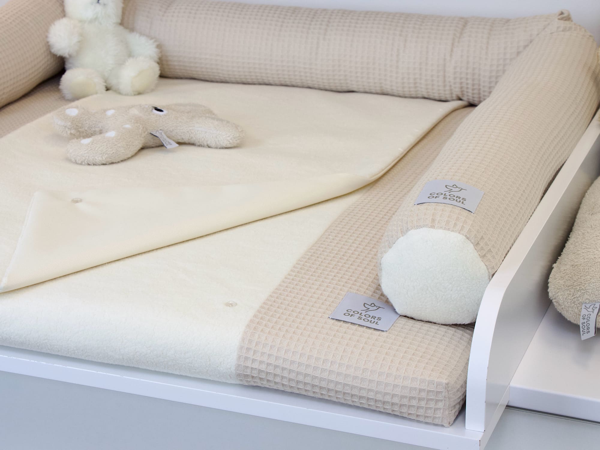 2-er SET - Wickelauflage mit Inlett, Bettschlange - Waffelpique natur / Baumwollfleece creme
