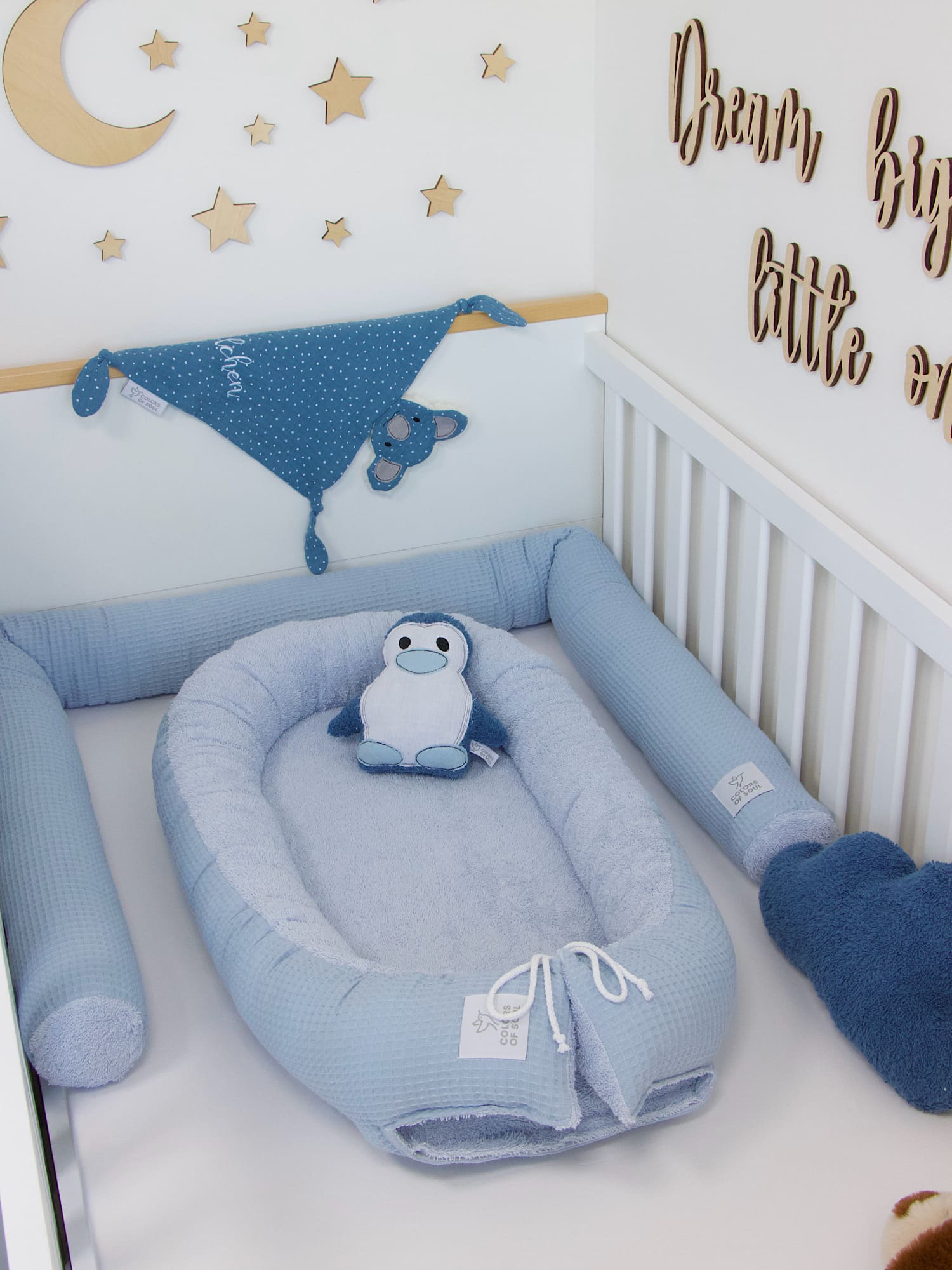 3-er SET - Wickelauflage, Bettschlange, Babynestchen - Waffelpique hellblau / Frottee hellblau