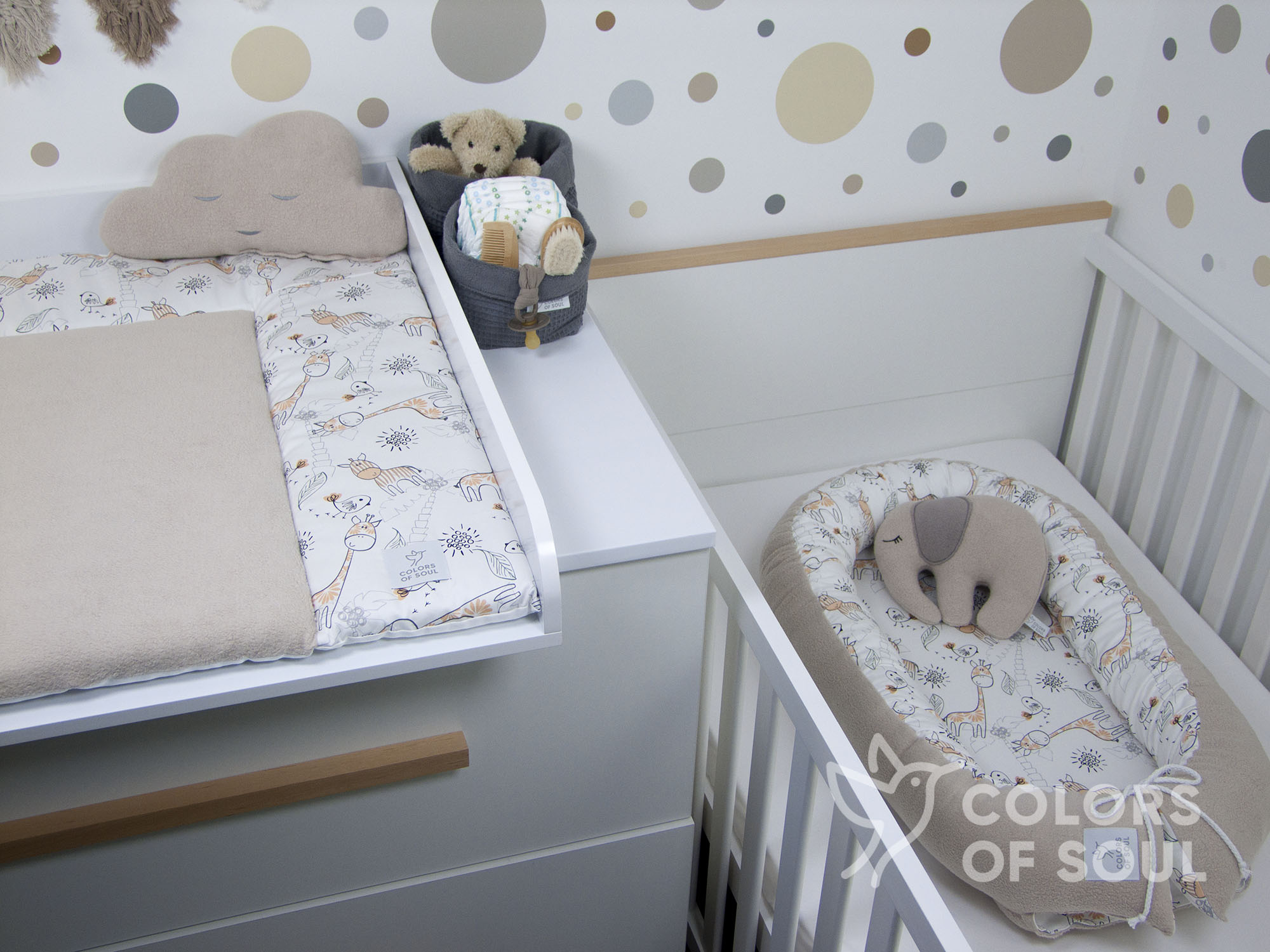 3-er SET - Wickelauflage, Bettschlange, Babynestchen - Giraffe und Zebra / Baumwollfleece beige