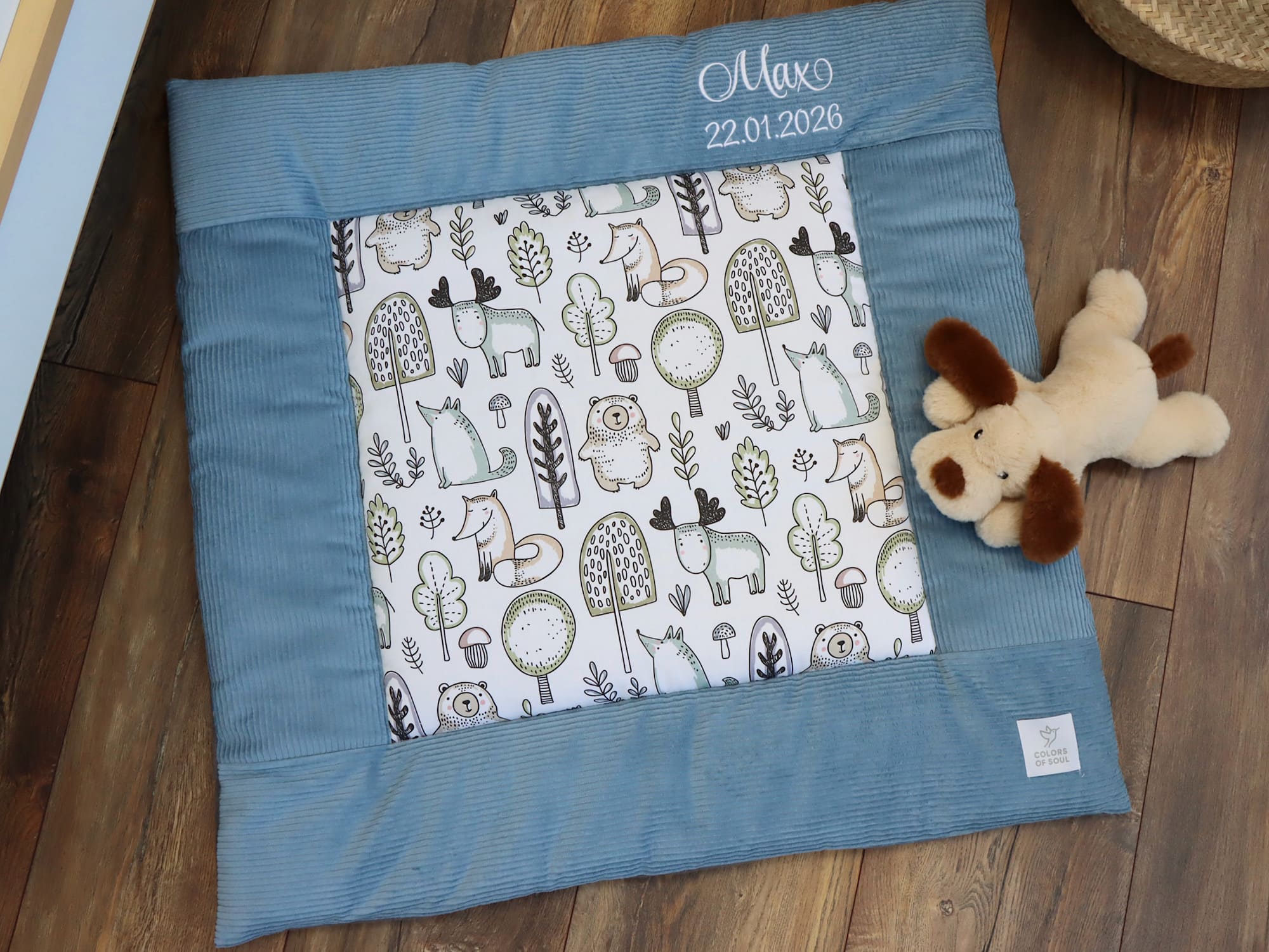 Baby Krabbeldecke mit Waldtieren aus Baumwollsatin und Cord in Blau