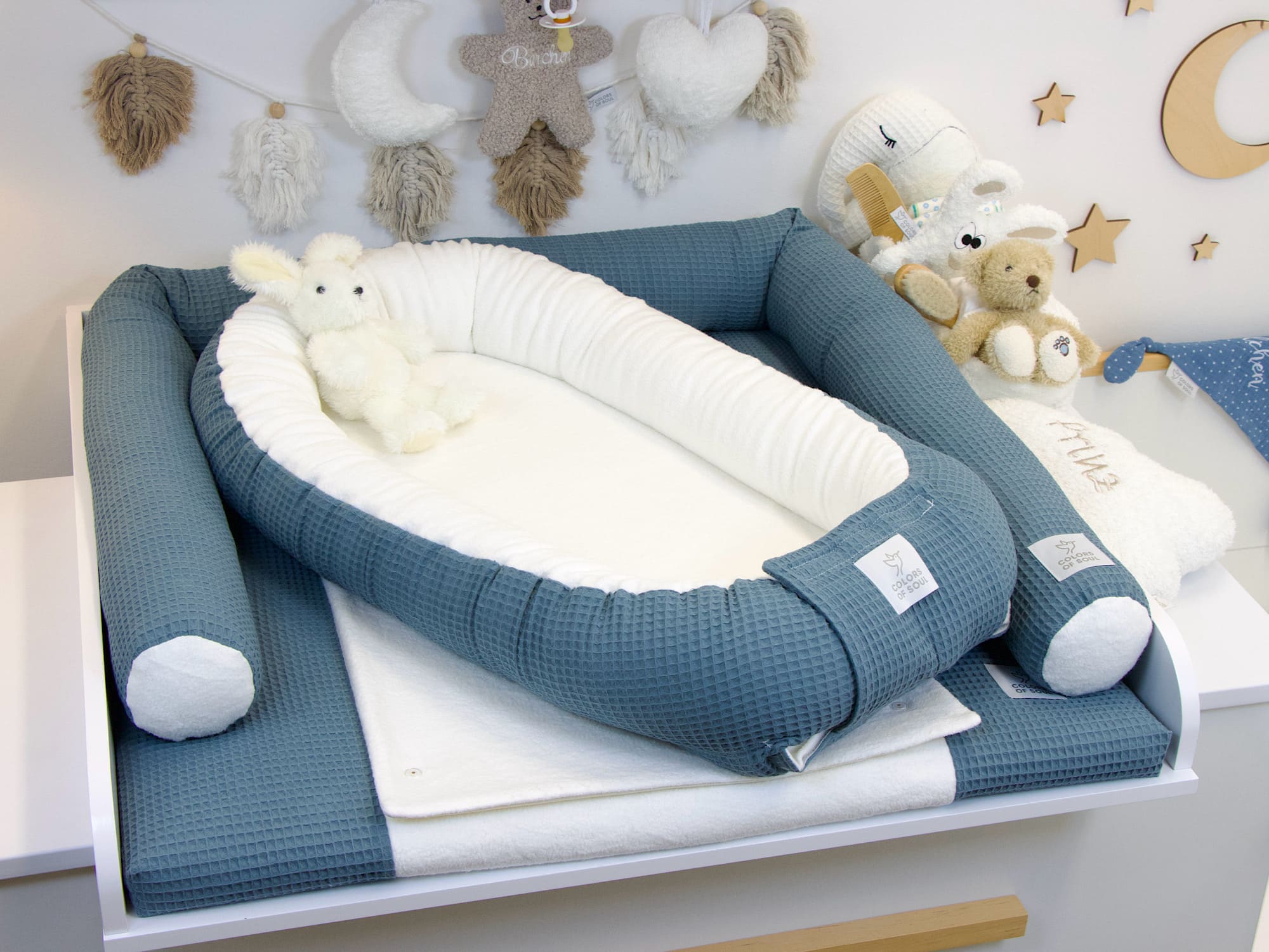 3-er SET - Wickelauflage mit Inlett, Babynest, Bettrolle - Waffel stahlblau / Baumwollfleece creme