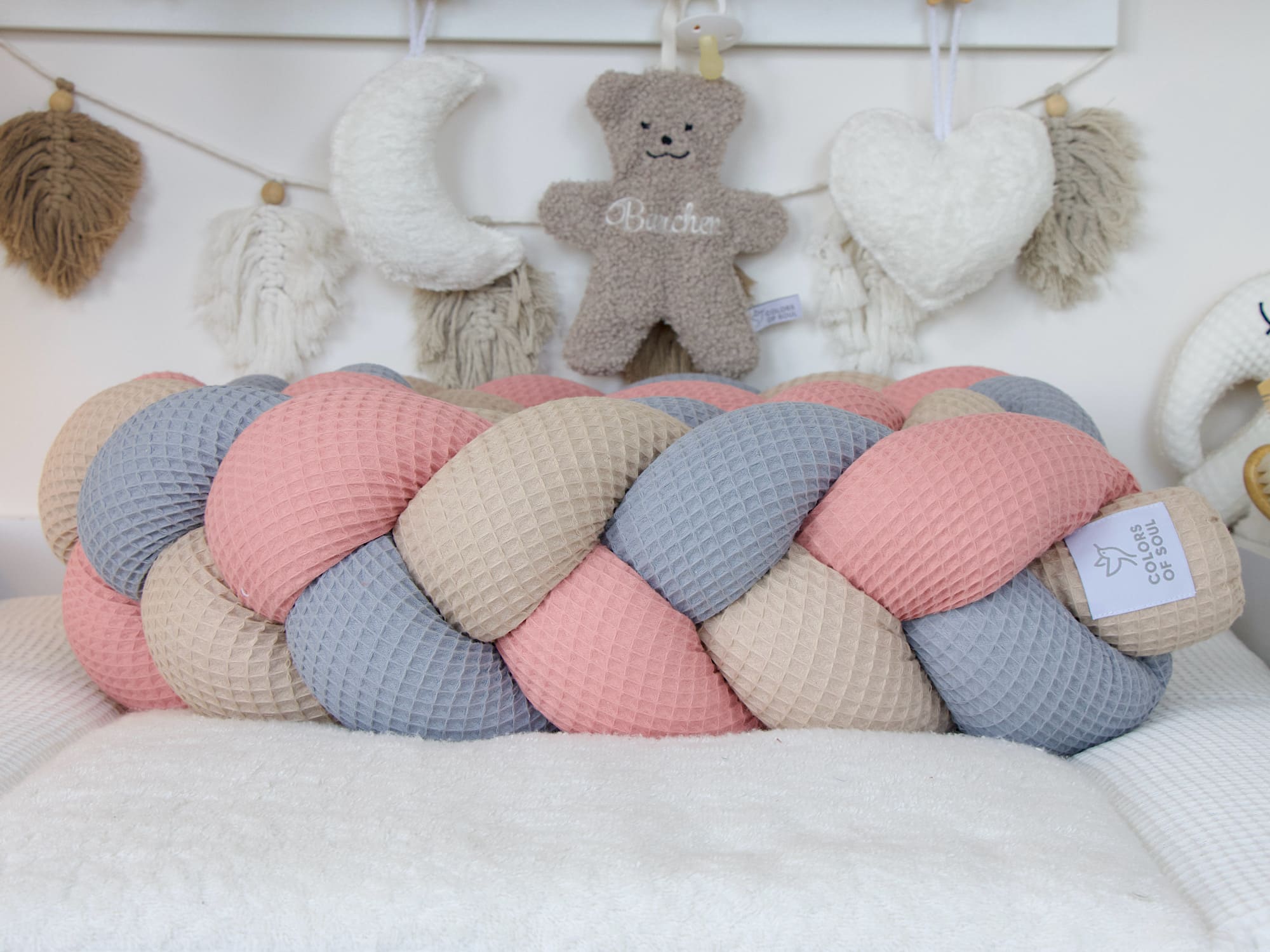 Handgefertigte geflochtene Bettschlange – Waffelpique blush, beige, grau