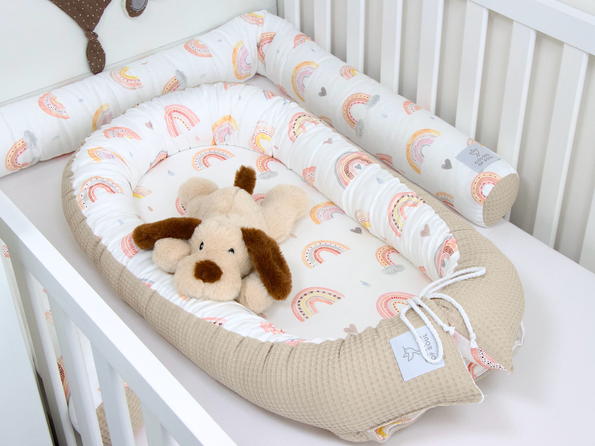 3-er SET - Wickelauflage, Bettschlange, Babynestchen - Regenbogen Aquarell / Waffelpique beige