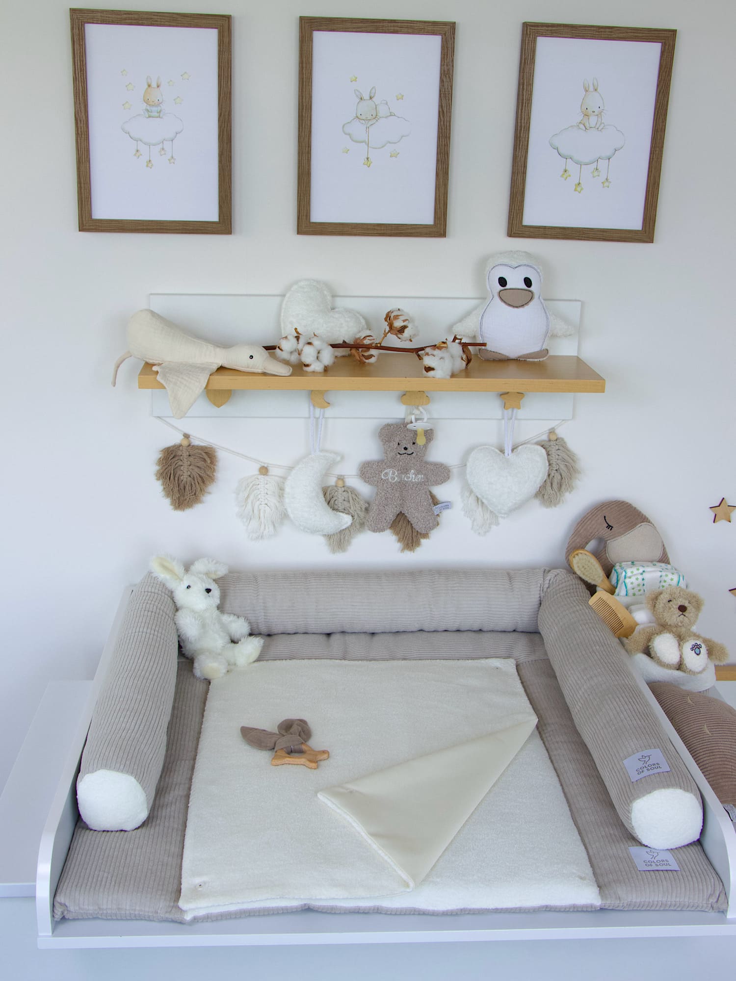 3-er SET - Wickelauflage, Bettschlange, Babynest - Kord hellbeige / Baumwollfleece creme