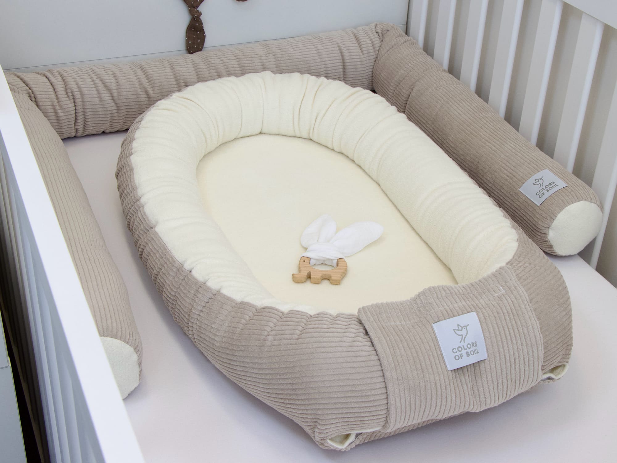 3-er SET - Wickelauflage, Babynestchen, Bettschlange - Cord hellbeige / Baumwollfleece creme