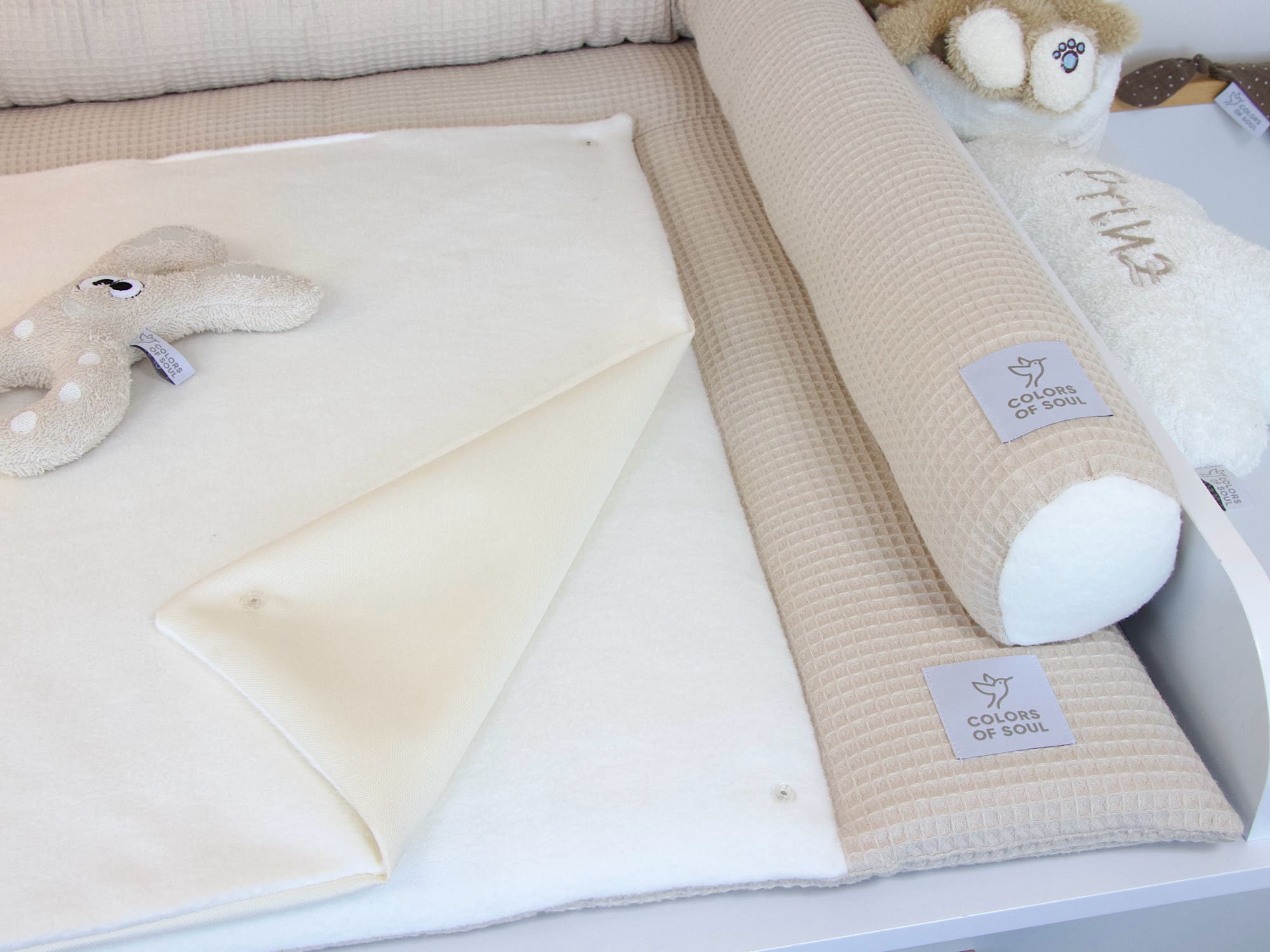 2-er SET - Wickelauflage, Bettschlange - Waffelpique natur / Baumwollfleece creme