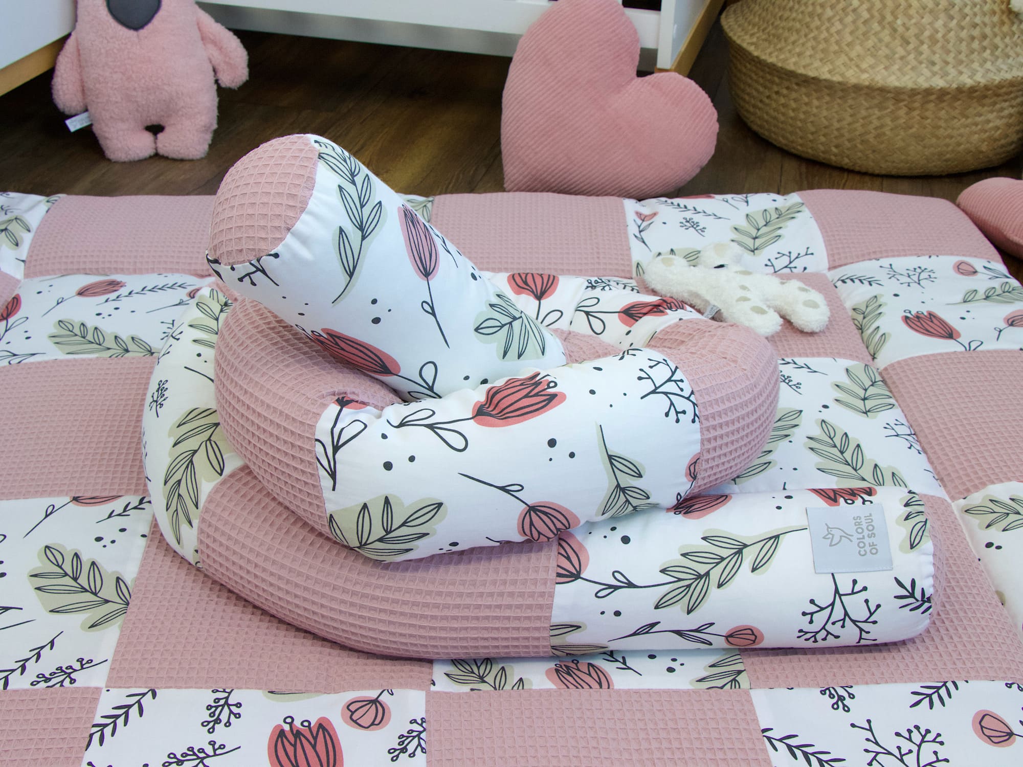 Patchwork Krabbeldecke abstrakt pastell Tulpen / Waffelpique altrosa