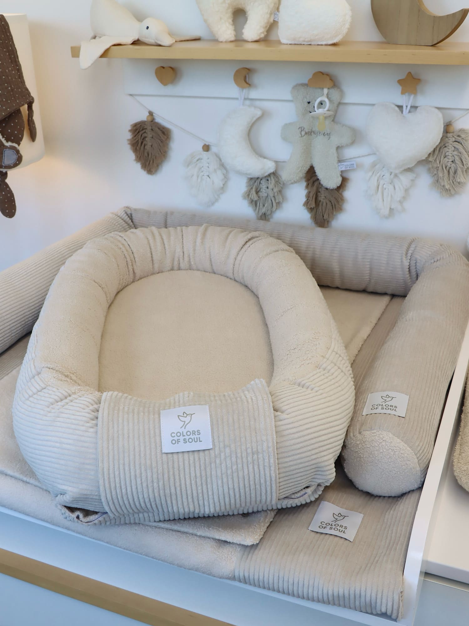 Wickelauflage mit Bezug, Bettschlange, Babynest - Cord hellbeige / Baumwollfleece hellbeige
