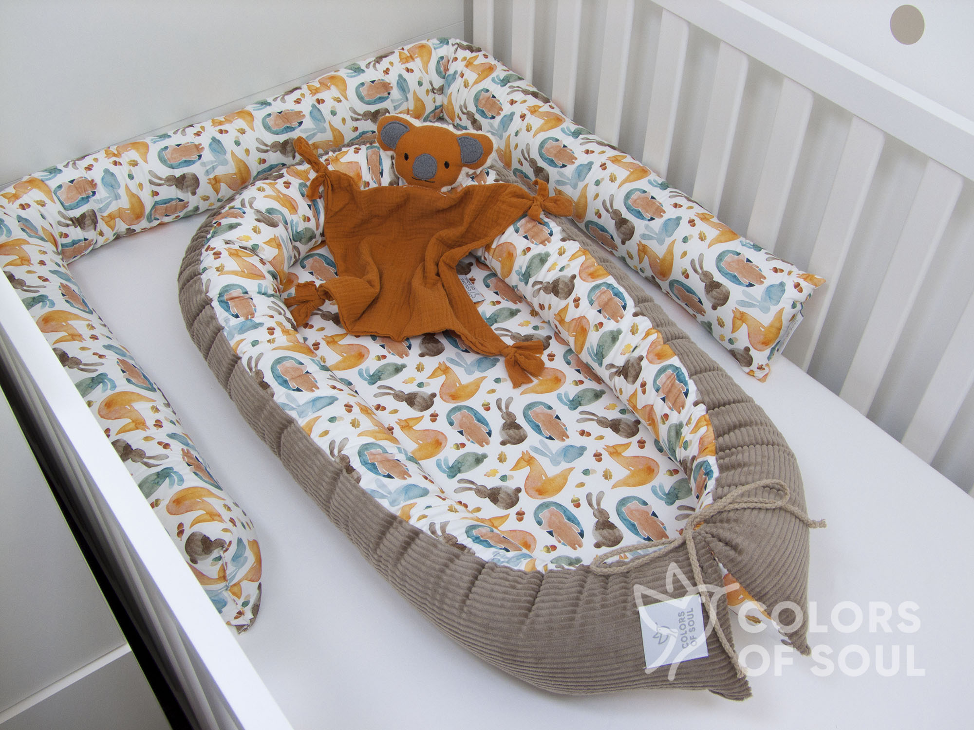 Babynestchen - Kordstoff camel / Waldtiere Aquarell