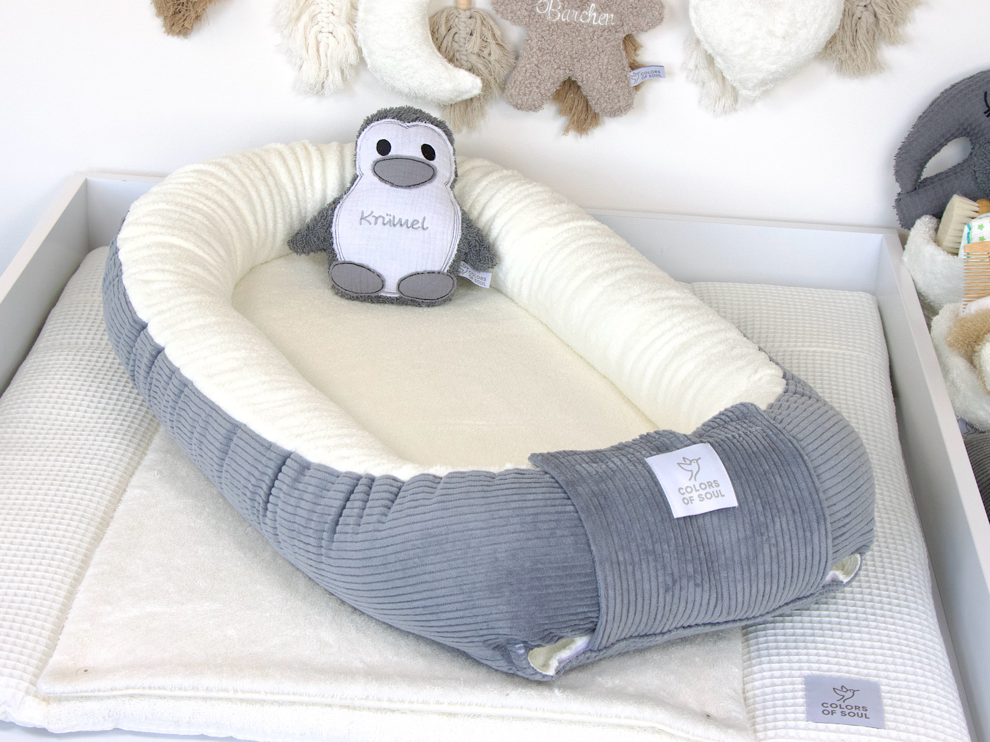 Babynestchen - Kordstoff grau / Baumwollfleece creme