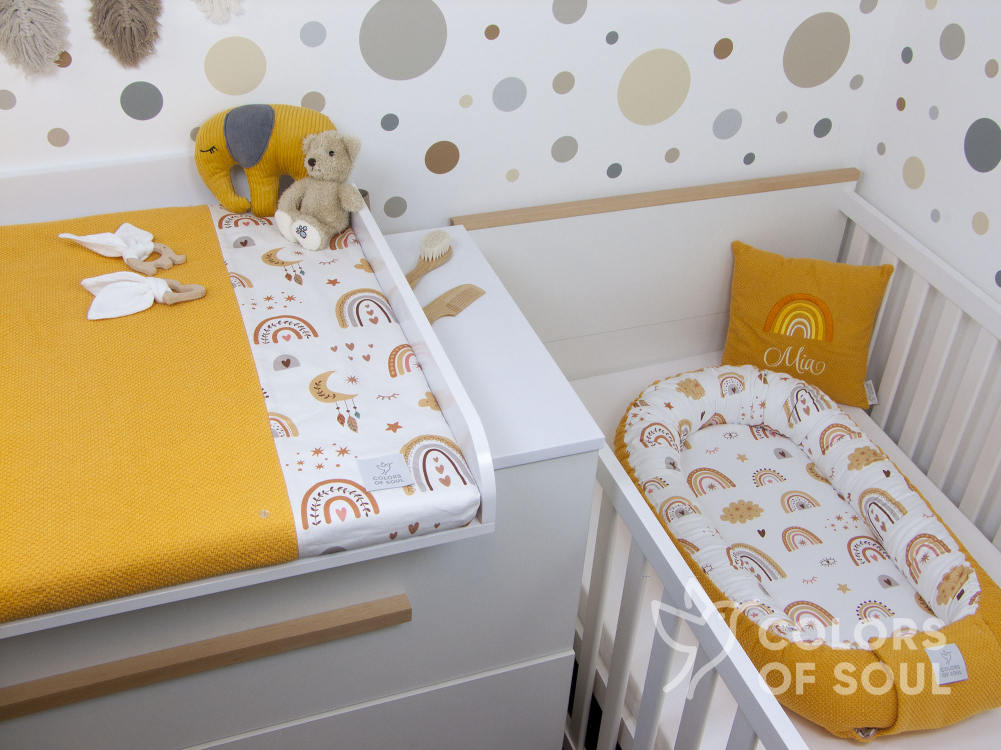 Babynestchen - Baby boho Regenbogen / Waffelpique BeBe gelb