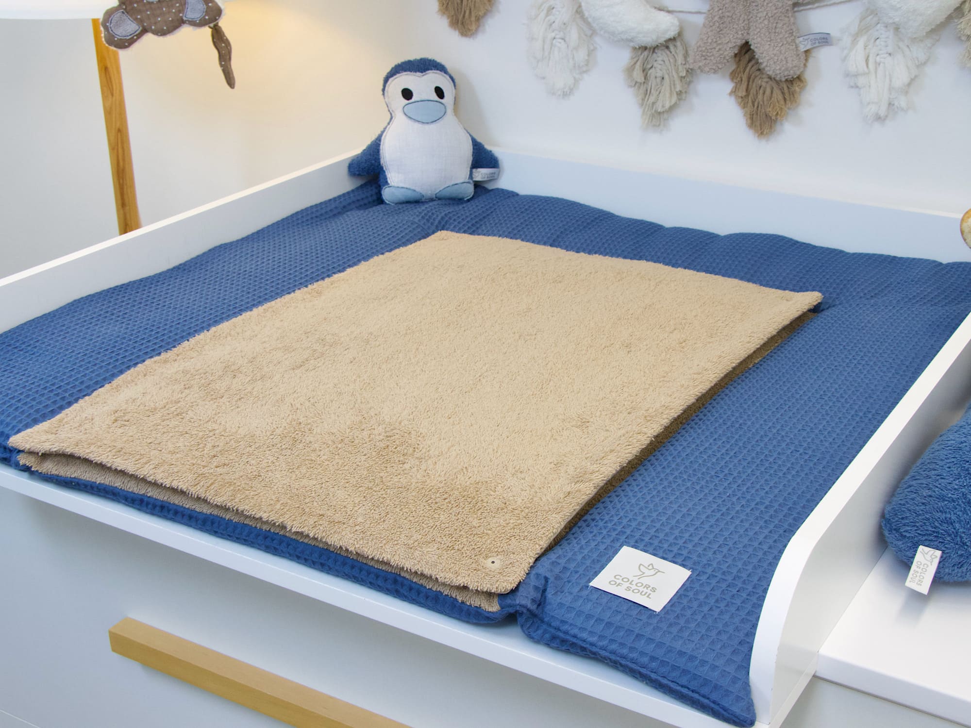 Wickelauflage - Waffelpique jeansblau / Frottee dunkelbeige