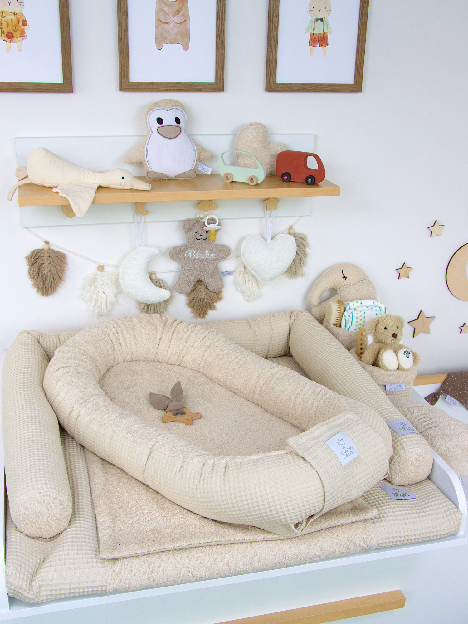 3-er SET - Wickelauflage mit Inlett, Babynest, Bettschlange - Waffelpique, Frottee: light sand