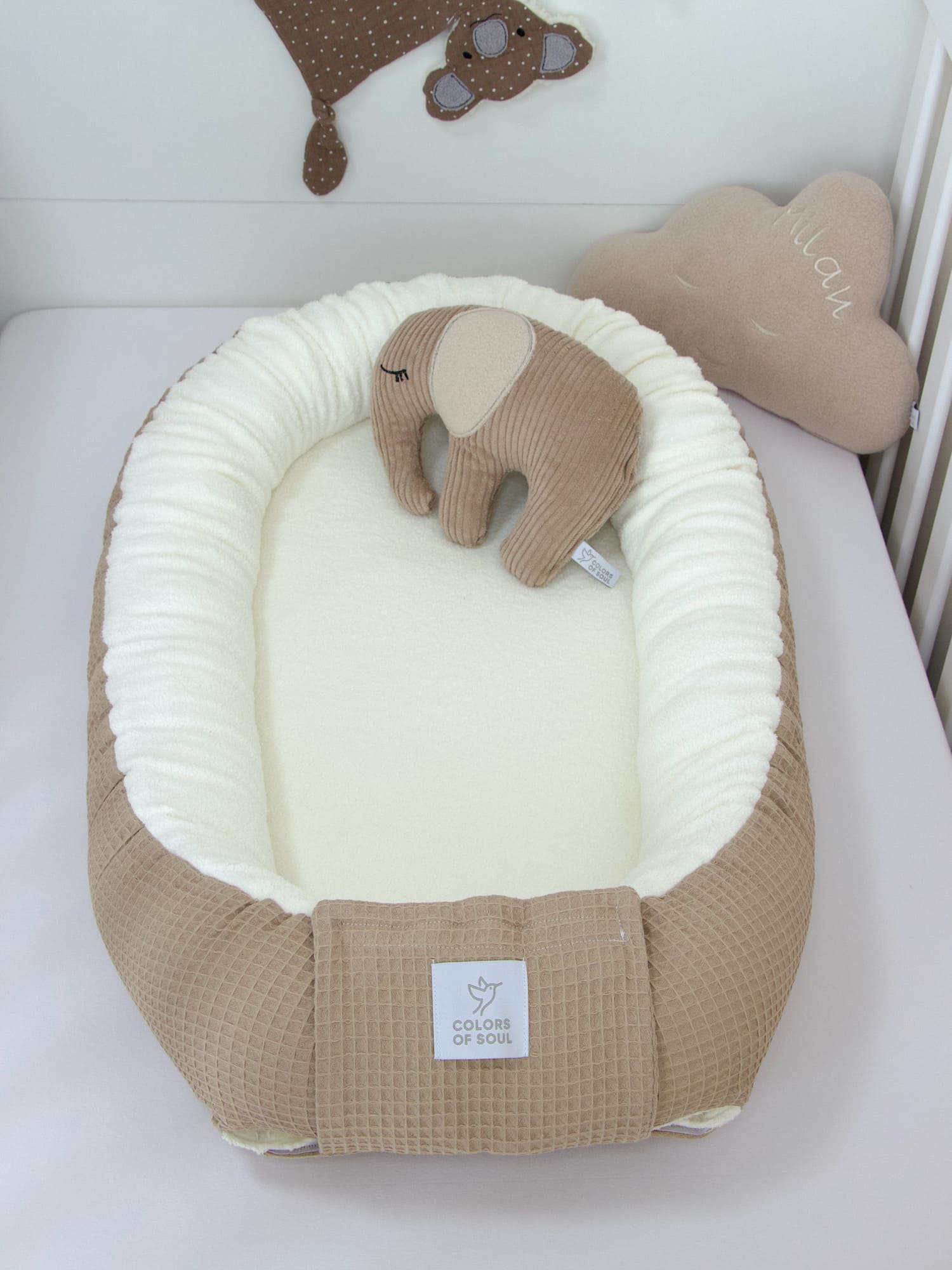 3-er SET - Wickelauflage mit Inlett, Babynest, Bettrolle - Waffel dunkelbeige/ Baumwollfleece creme