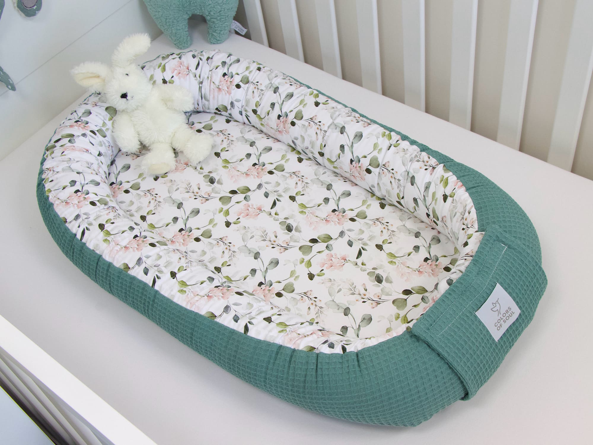 Babynest - Gartenblumen rosa / Waffelpique altgrün