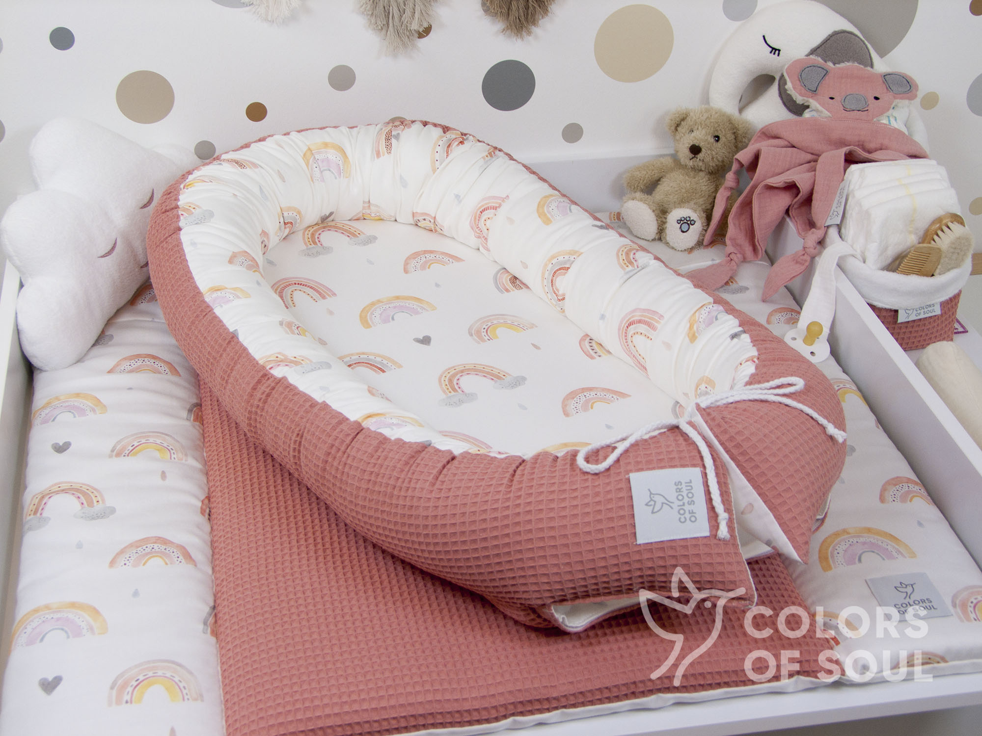 Wickelauflage - Regenbogen Aquarell / Waffelpique blush