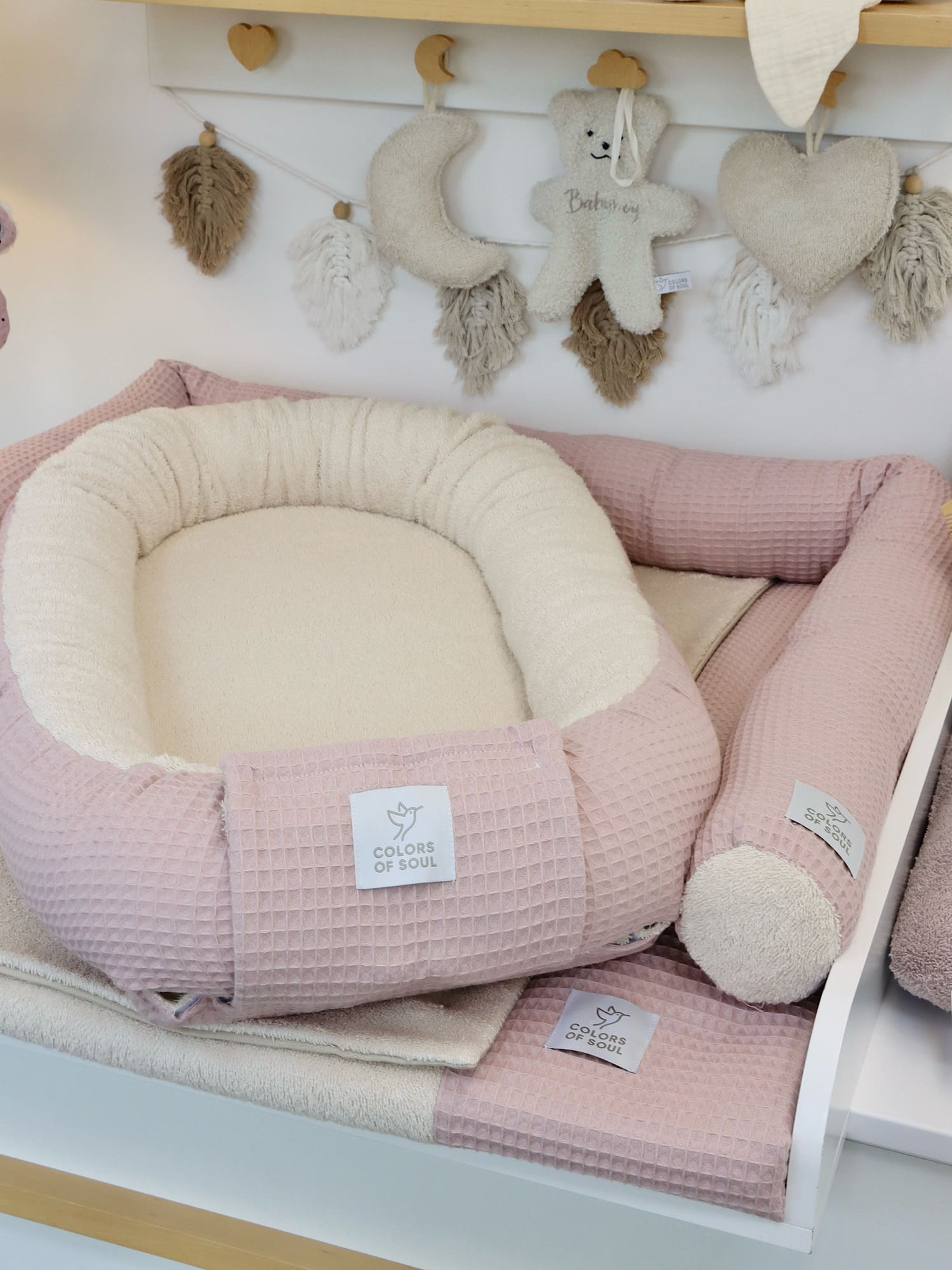 Wickelauflage mit Bezug & Bettschlange – Waffelpique Altrosa & Frottee Light Sand