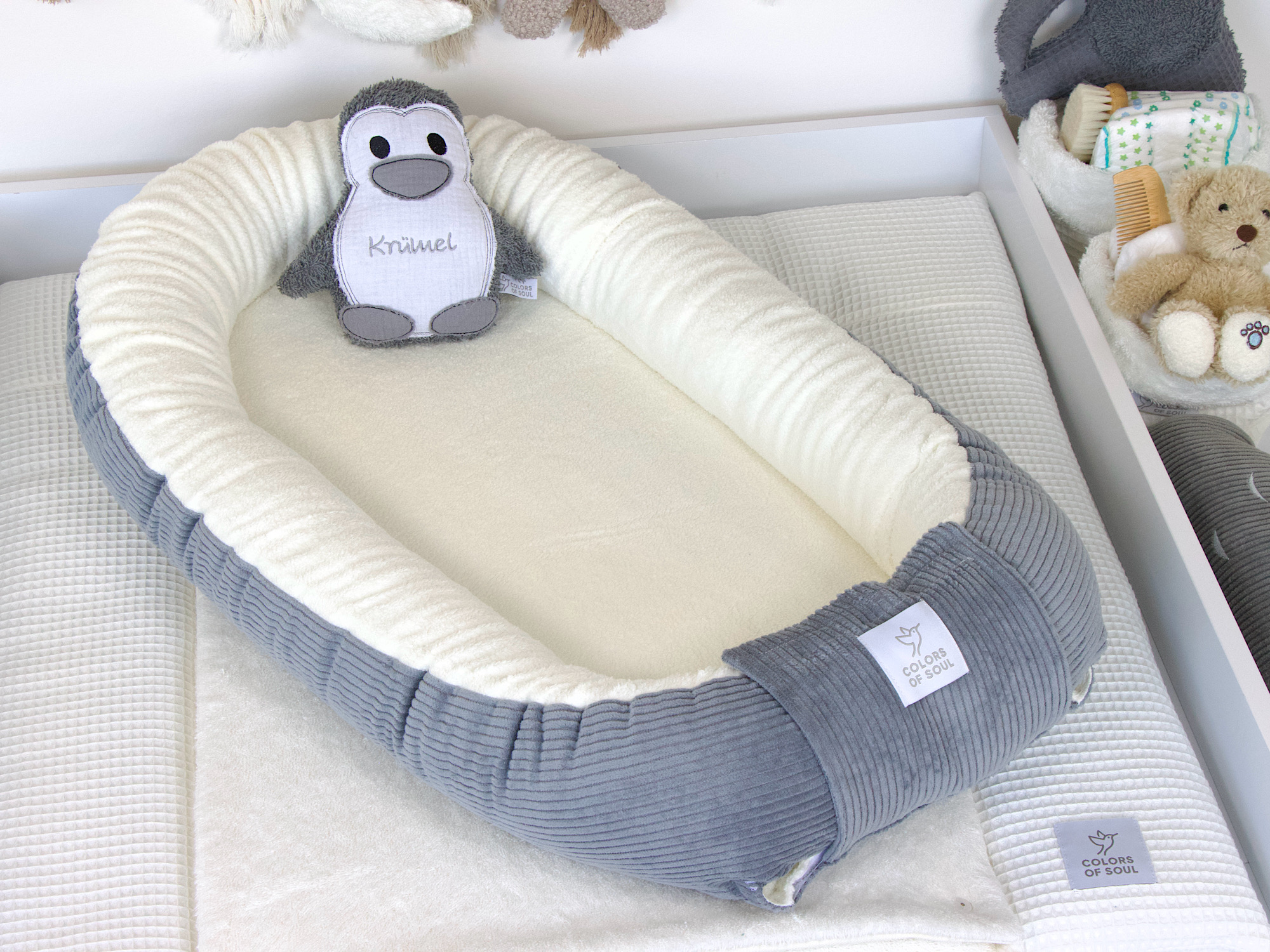 Babynestchen - Kordstoff grau / Baumwollfleece creme
