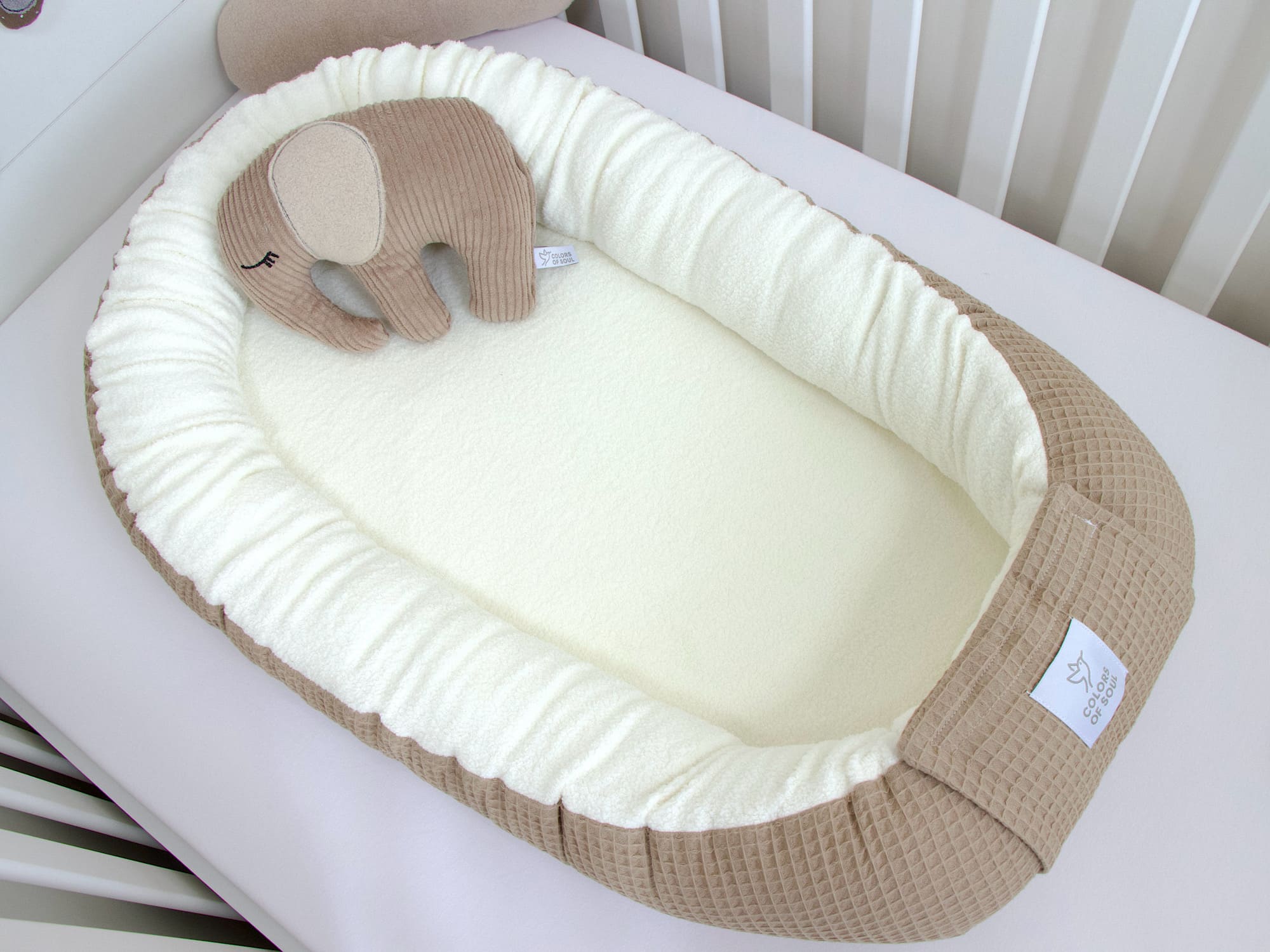 3-er SET - Wickelauflage mit Inlett, Babynest, Bettrolle - Waffel dunkelbeige/ Baumwollfleece creme