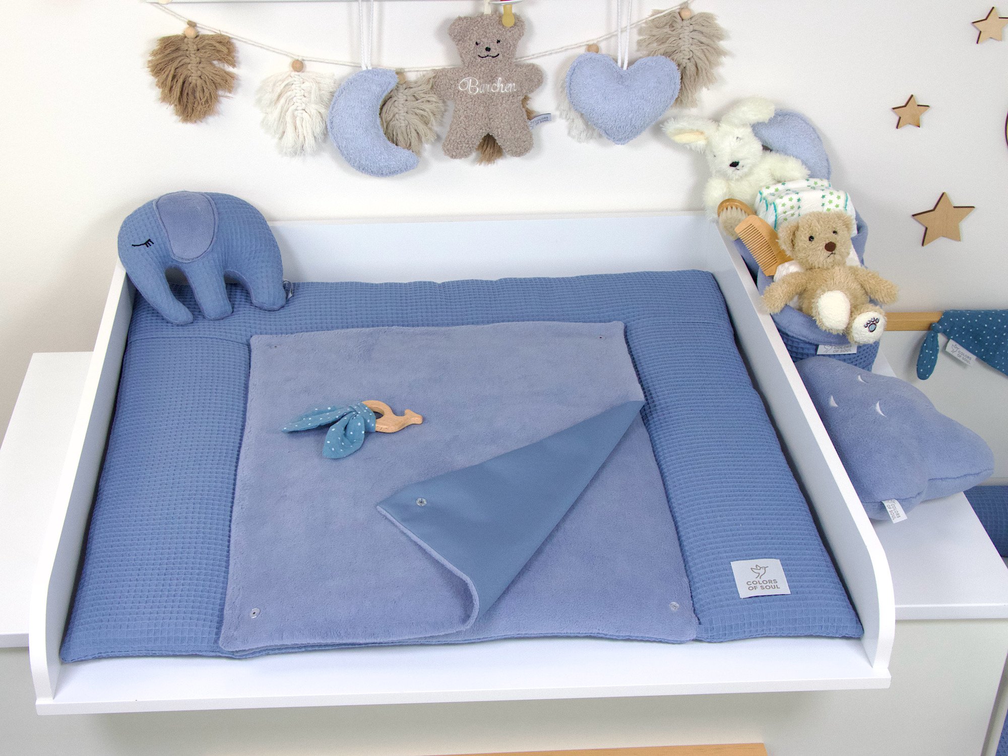 Wickeltischauflage aus Waffelpique Blau mit weichem Baumwollfleece
