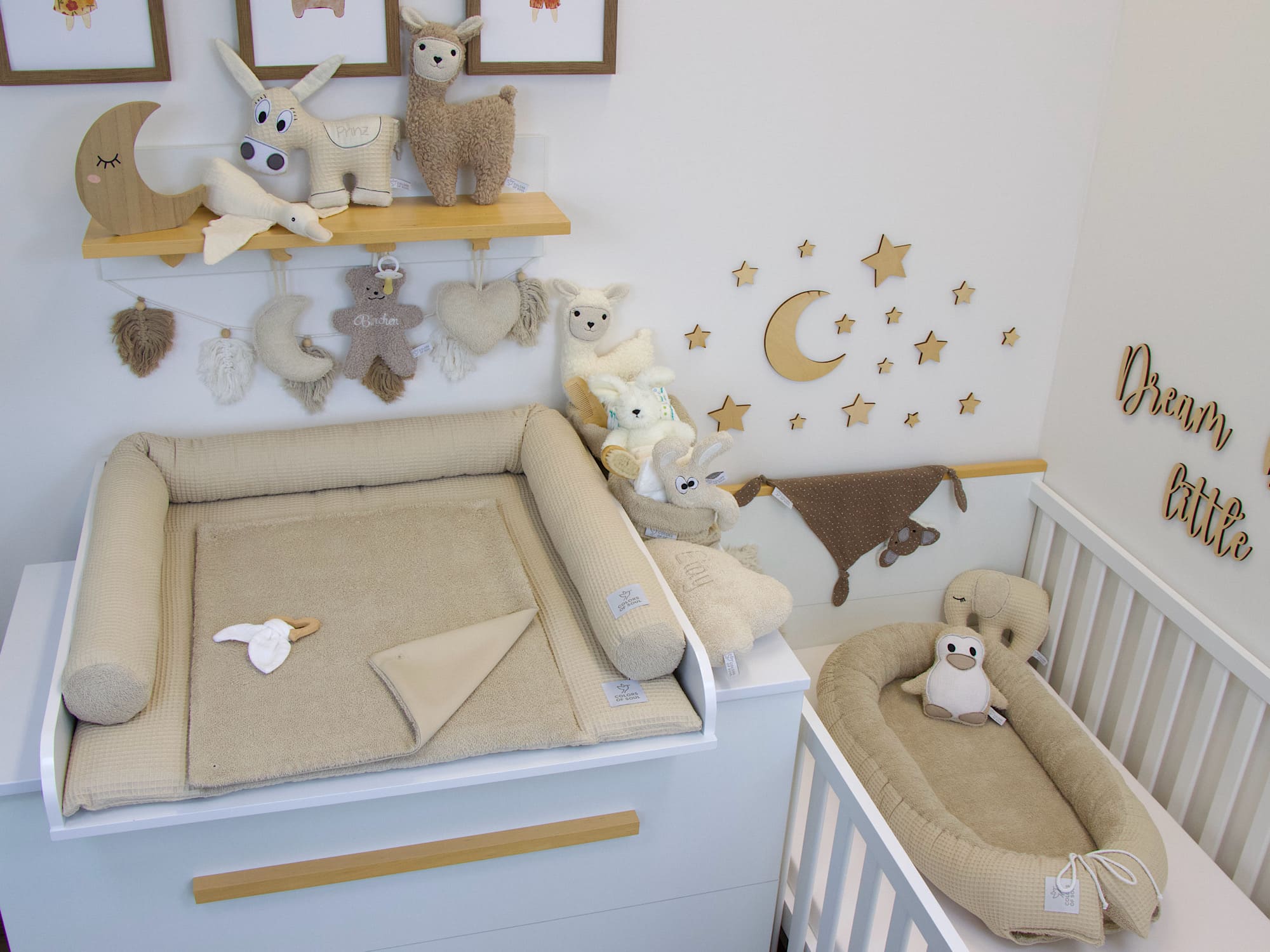 3-er SET - Wickelauflage, Bettschlange, Babynestchen - Waffelpique beige / Frottee beige