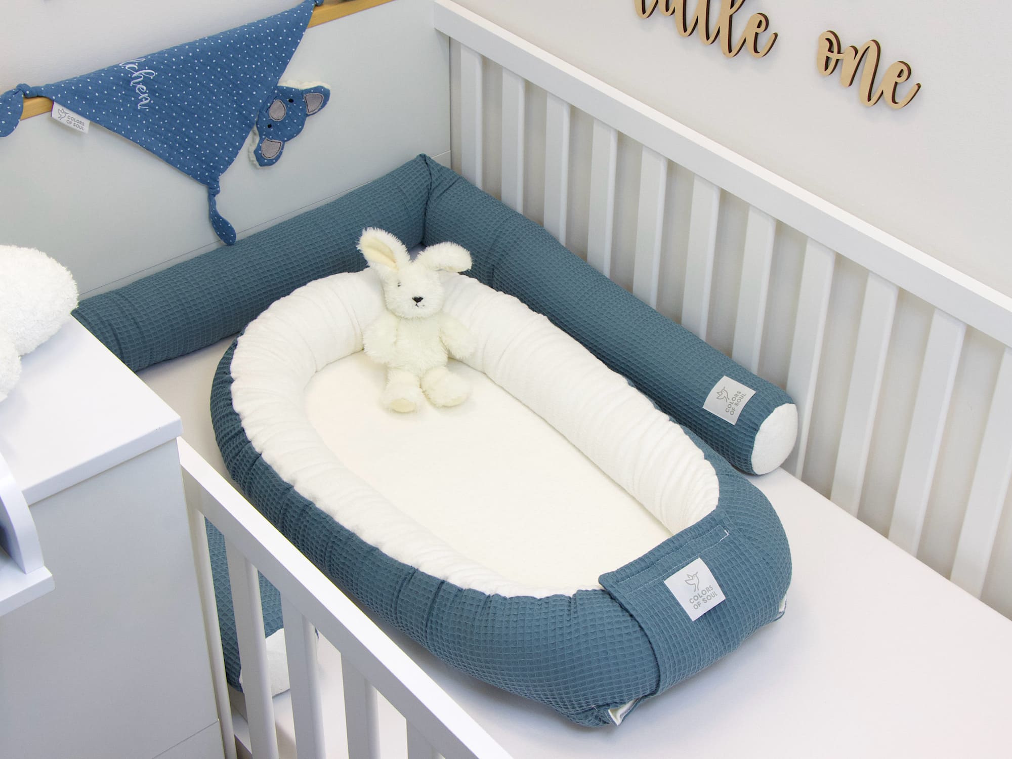 3-er SET - Wickelauflage mit Inlett, Babynest, Bettrolle - Waffel stahlblau / Baumwollfleece creme