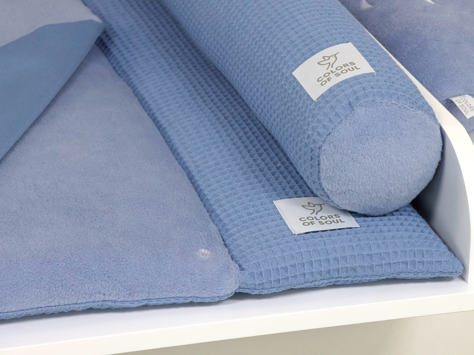 2-er SET - Wickelauflage, Bettschlange - Waffelpique blau / Baumwollfleece himmelblau