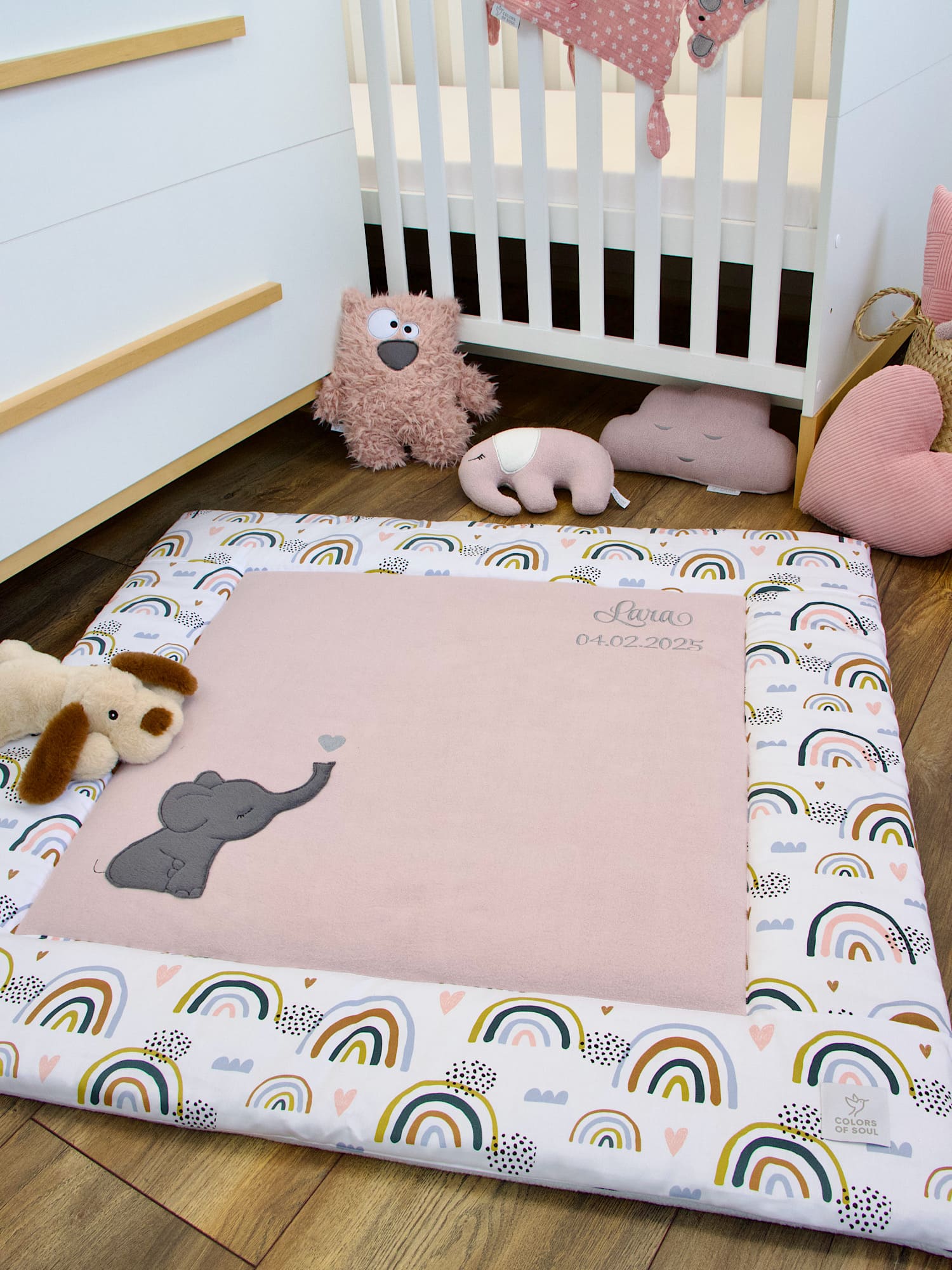 Krabbeldecke Regenbogen und Herzen / Baumwollfleece altrosa
