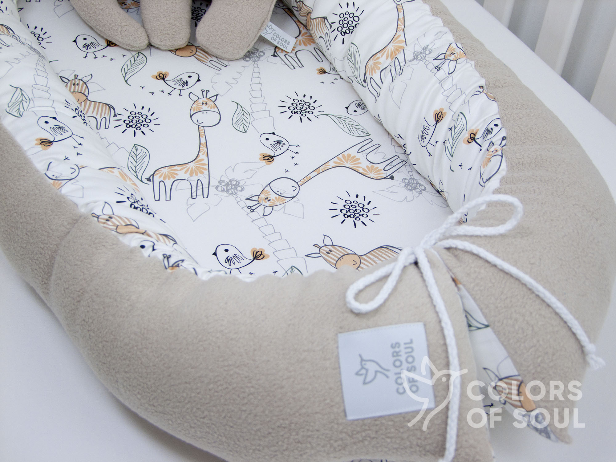 3-er SET - Wickelauflage, Bettschlange, Babynestchen - Giraffe und Zebra / Baumwollfleece beige