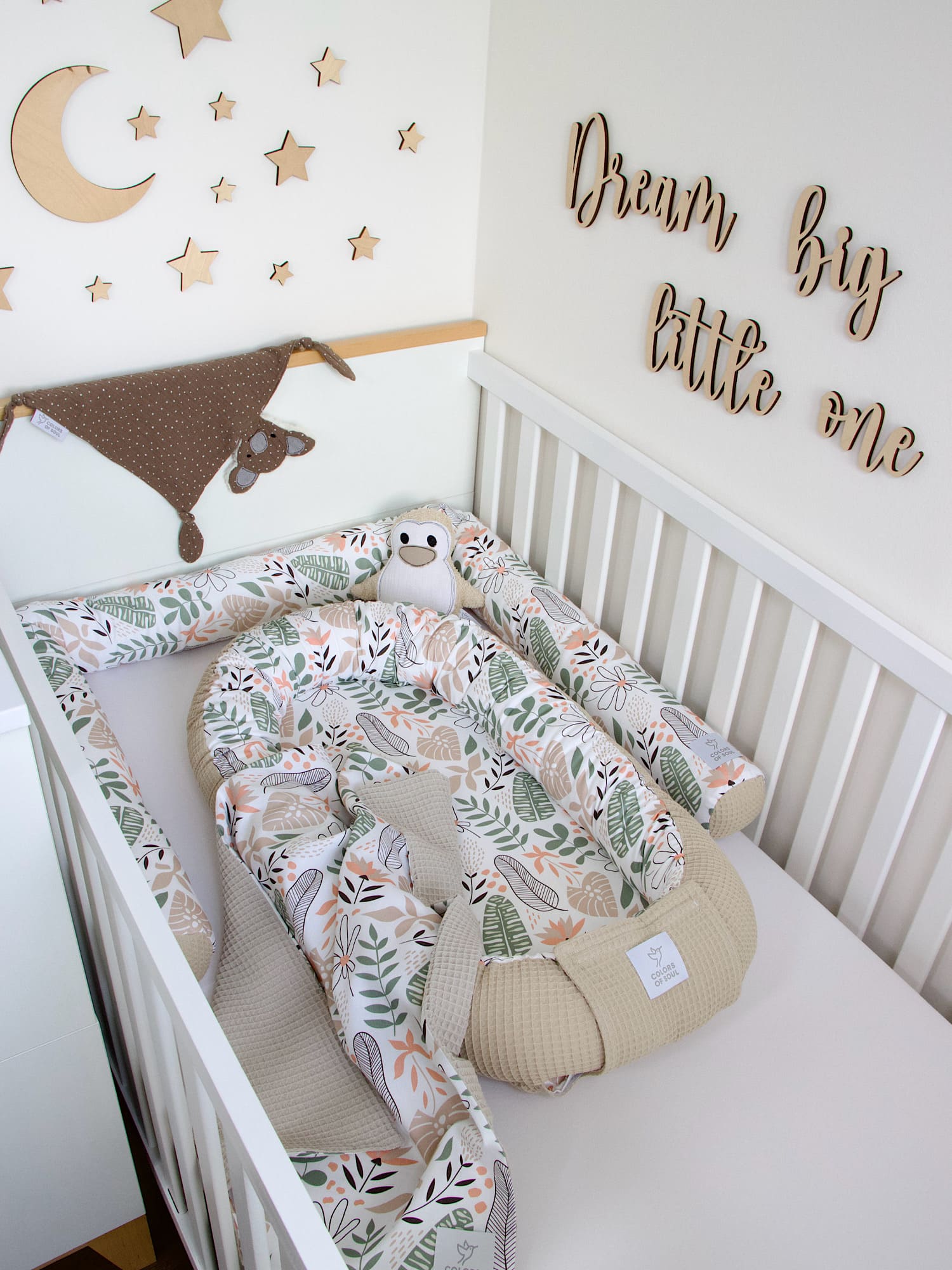 5-er SET - Wickelauflage mit Inlett, Babynestchen, Bettschlange - Tropical Blumen / Waffel beige
