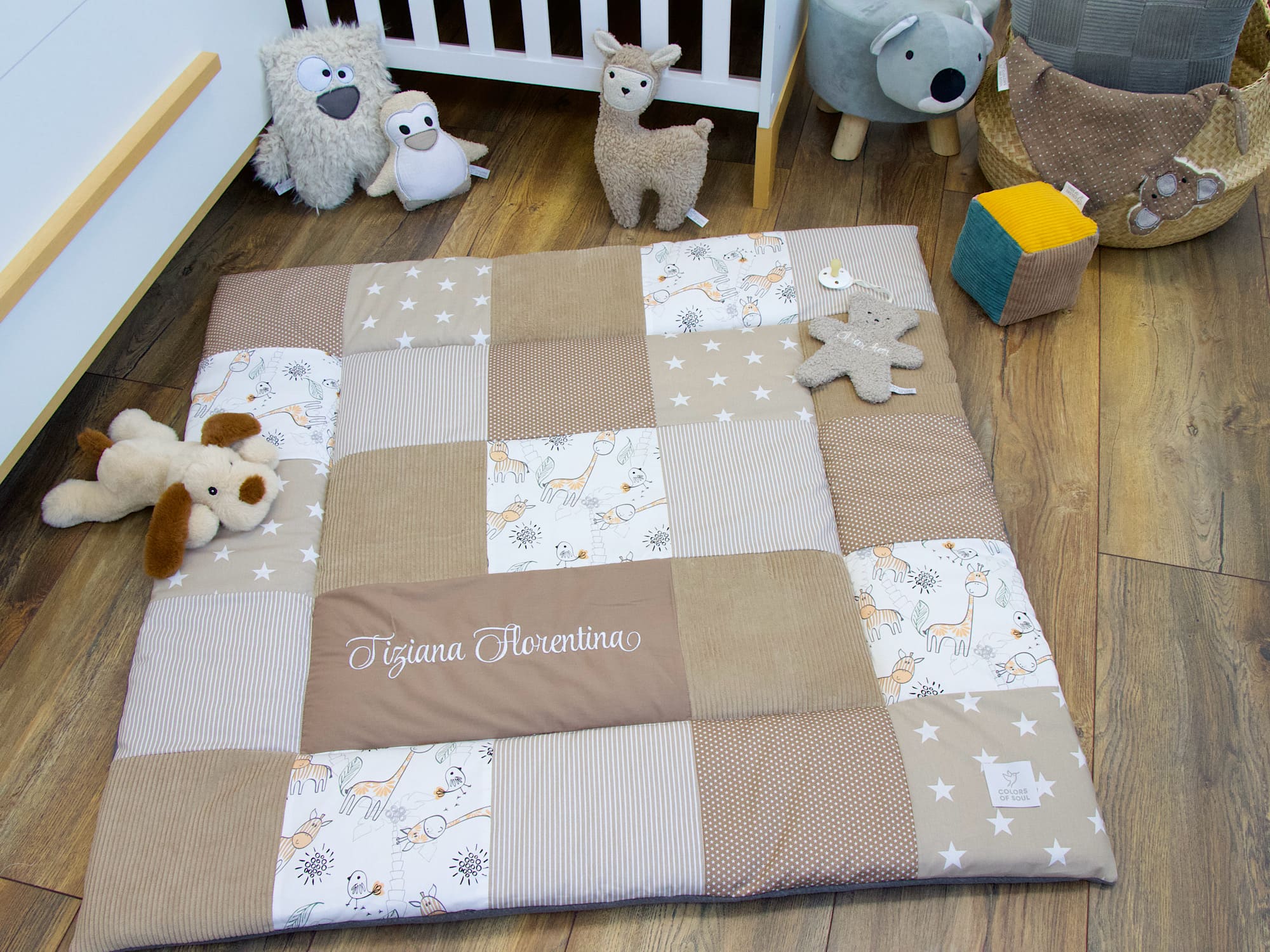Patchwork Krabbeldecke - Giraffe und Zebra / Kord camel / sand, taupe