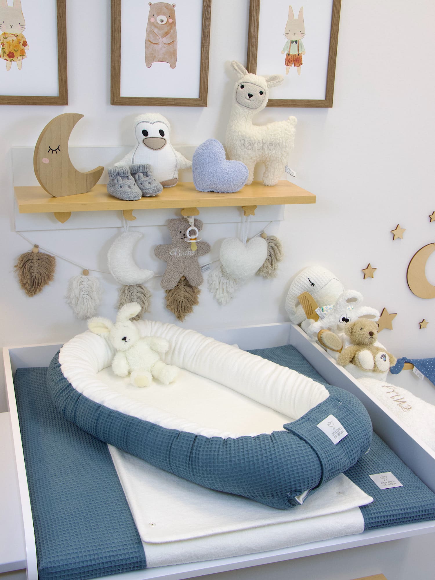 3-er SET - Wickelauflage mit Inlett, Babynest, Bettrolle - Waffel stahlblau / Baumwollfleece creme