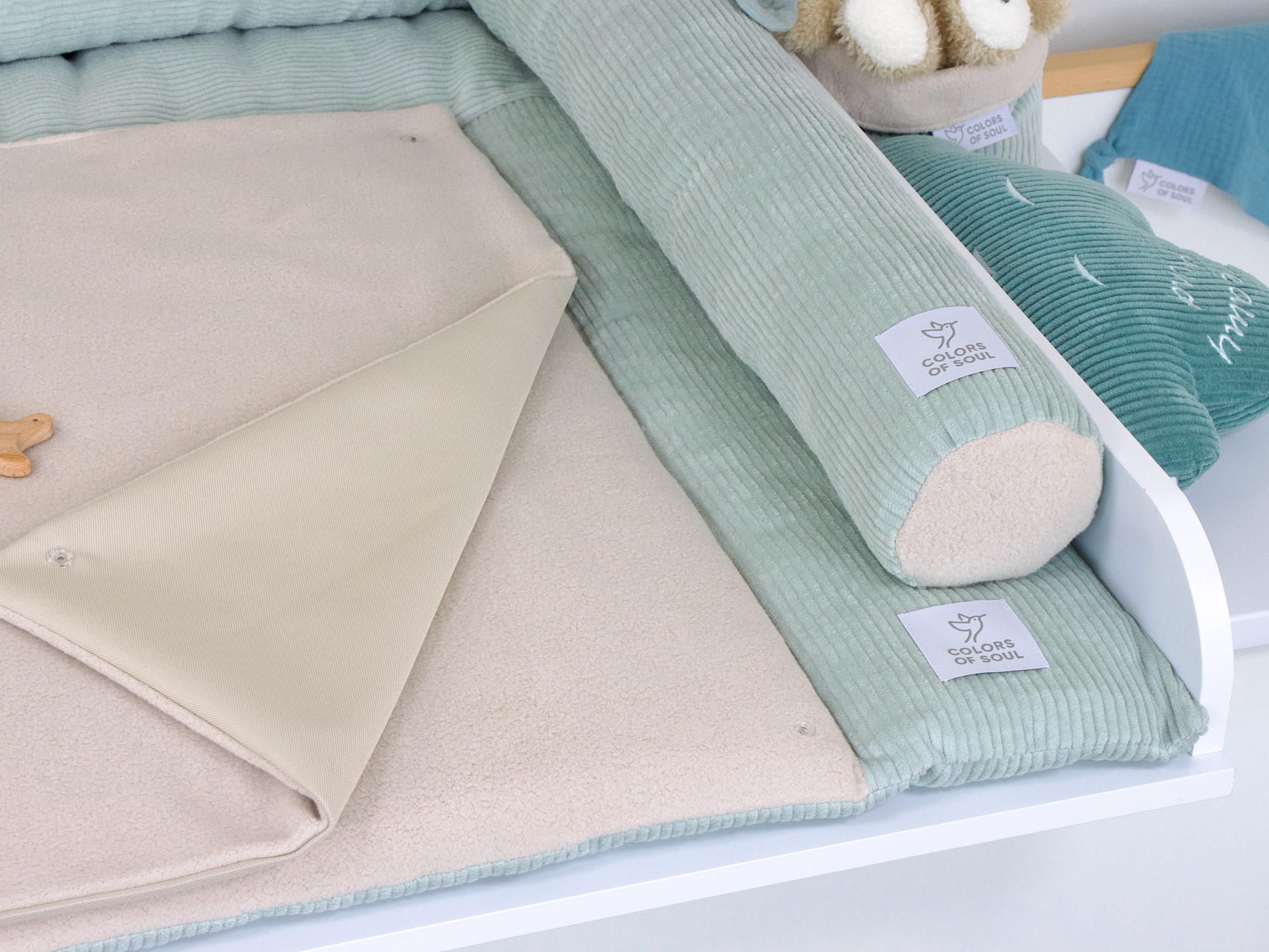 2-er SET - Wickelauflage, Bettschlange - Kord mint / Baumwollfleece beige