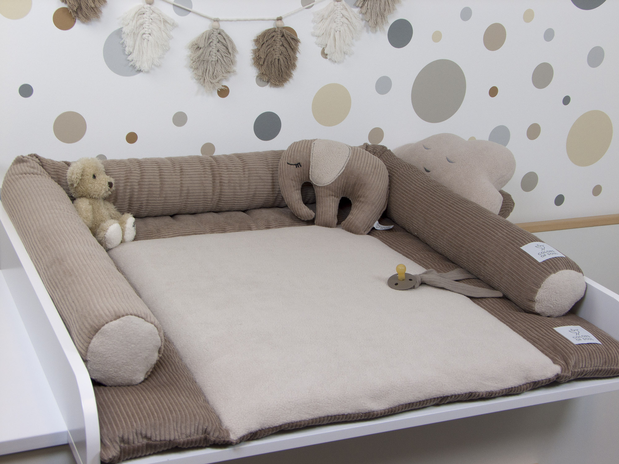 3-er SET - Wickelauflage, Bettschlange, Babynest - Kord camel / Baumwollfleece beige