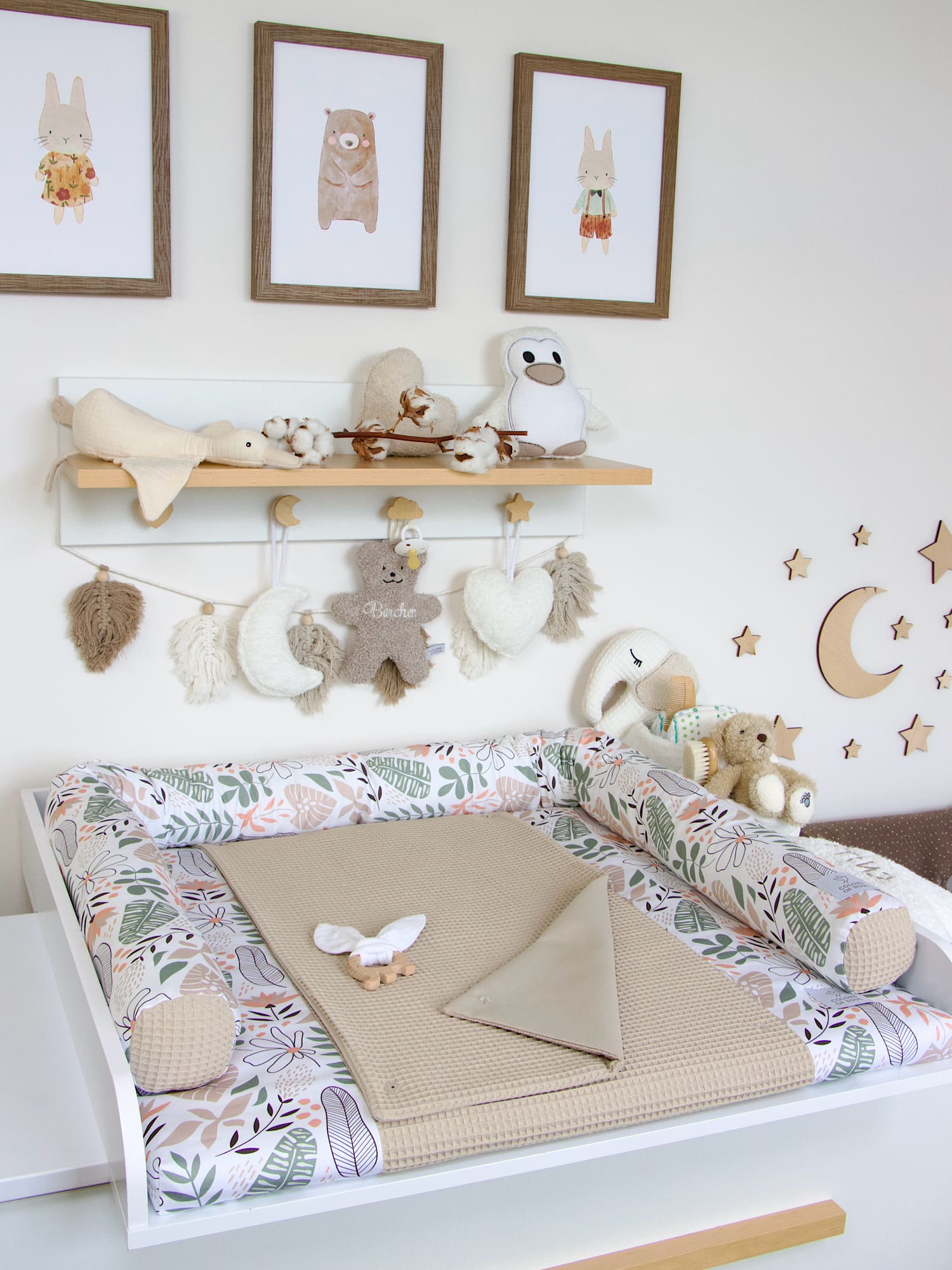 5-er SET - Wickelauflage mit Inlett, Babynestchen, Bettschlange - Tropical Blumen / Waffel beige