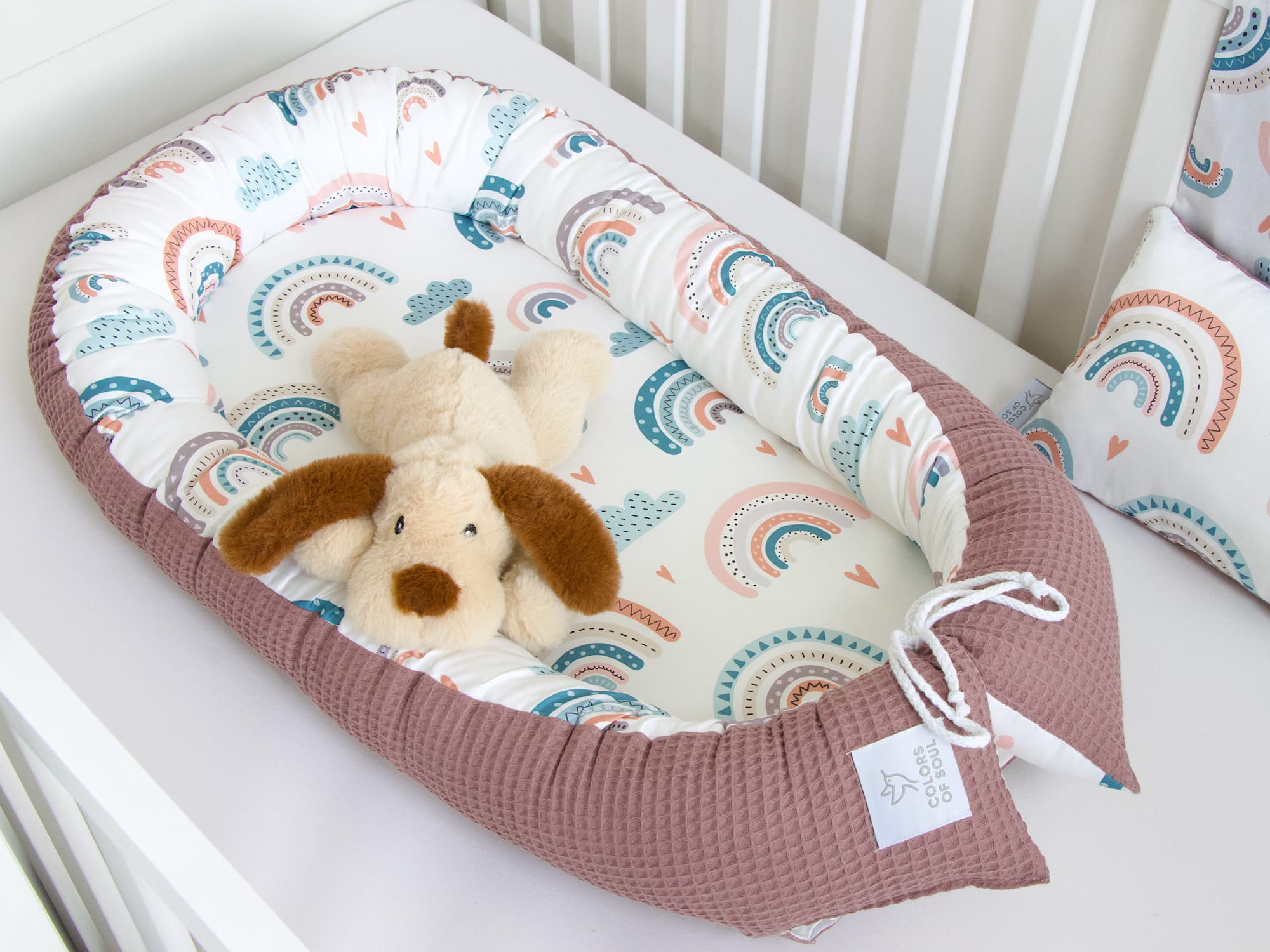 5-er SET - Wickelauflage, Babynest, Bettrolle - pastell Regenbogen und Herzen / Waffelpique alte malve