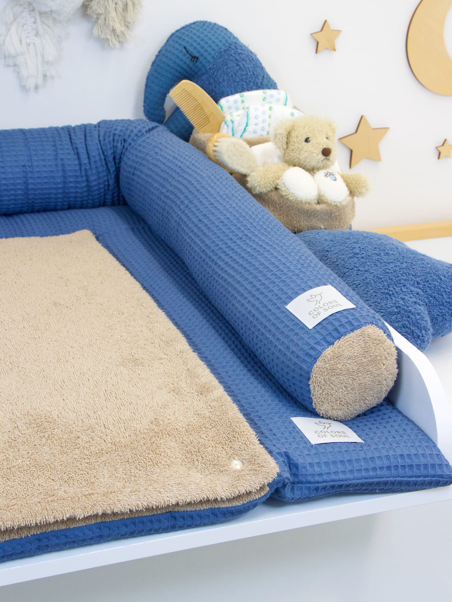 Wickelauflage und Bettschlange Set - Waffelpique jeansblau & Frottee dunkelbeige