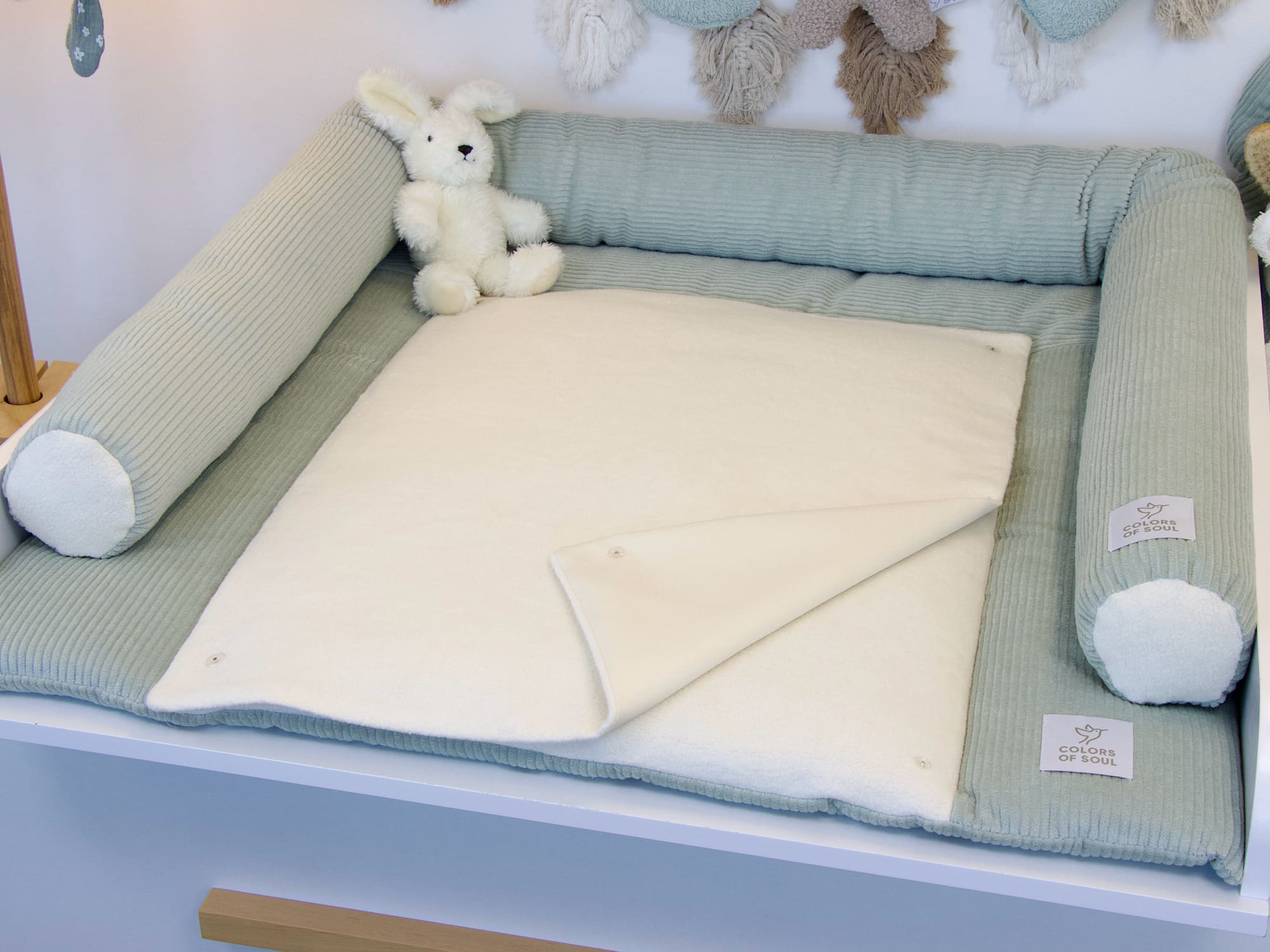 Wickelauflage Set mit Bettschlange - Cord mint / Baumwollfleece creme
