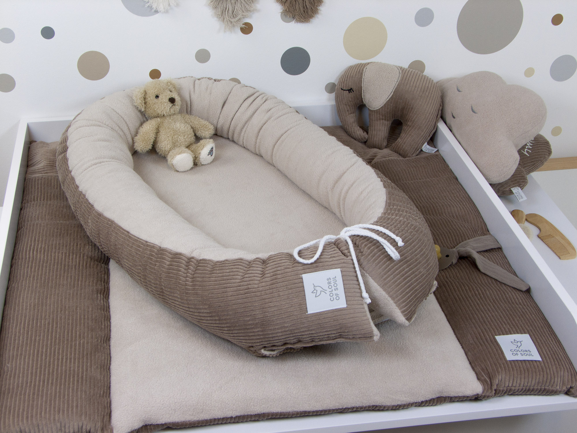 3-er SET - Wickelauflage, Bettschlange, Babynest - Kord camel / Baumwollfleece beige