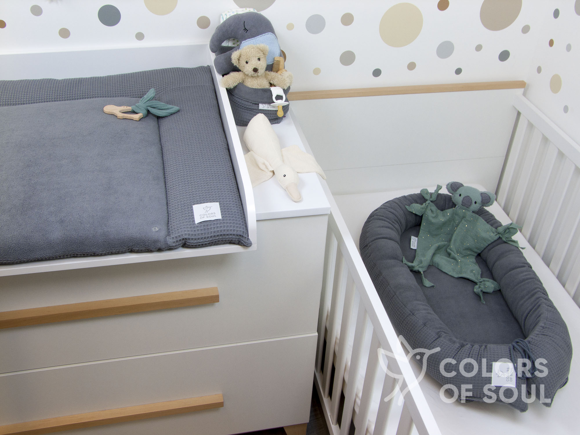 3-er SET - Wickelauflage, Bettschlange, Babynestchen - Waffelpique steingrau / Baumwollfleece grau